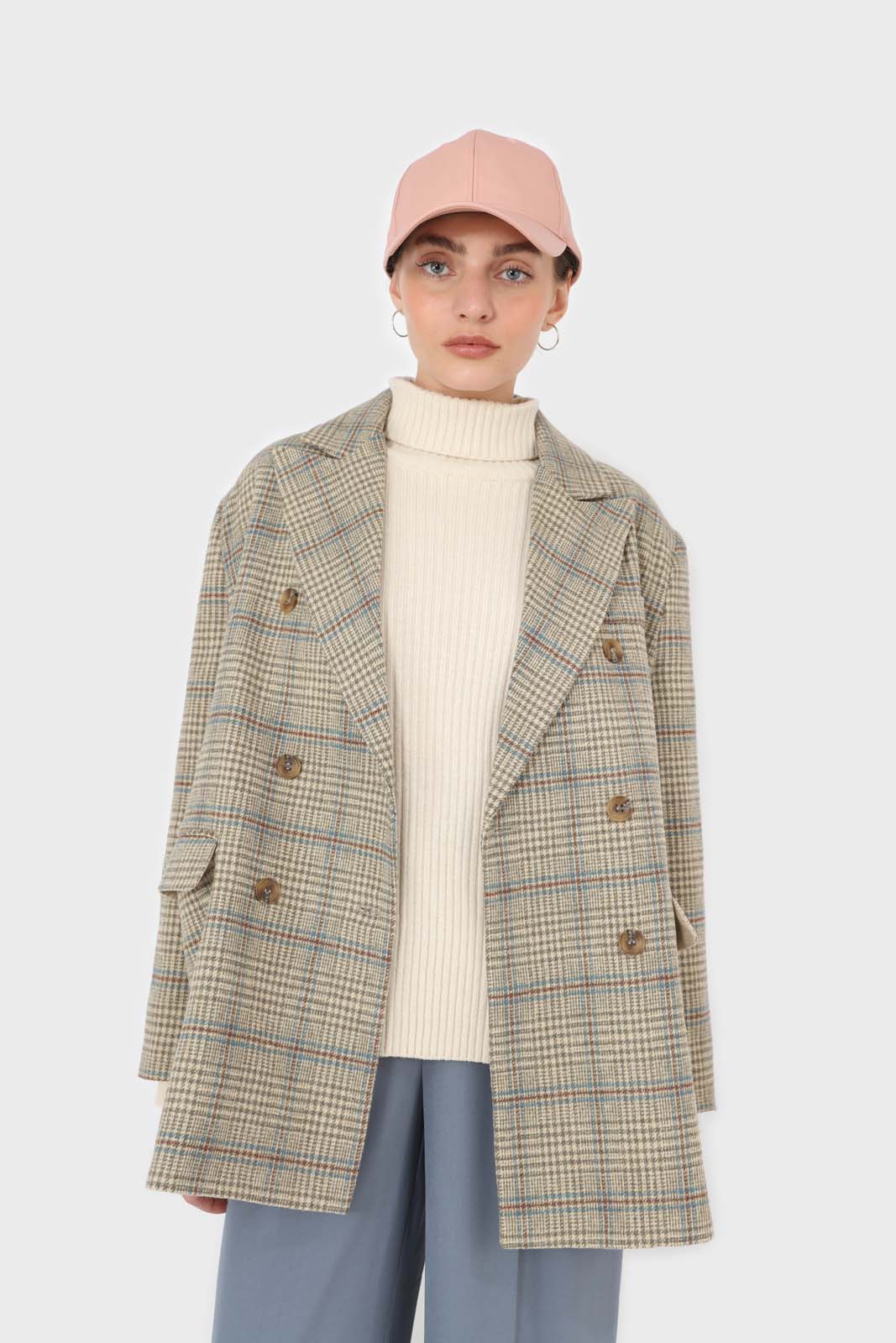 Beige and khaki checked oversized wool blazer_5
