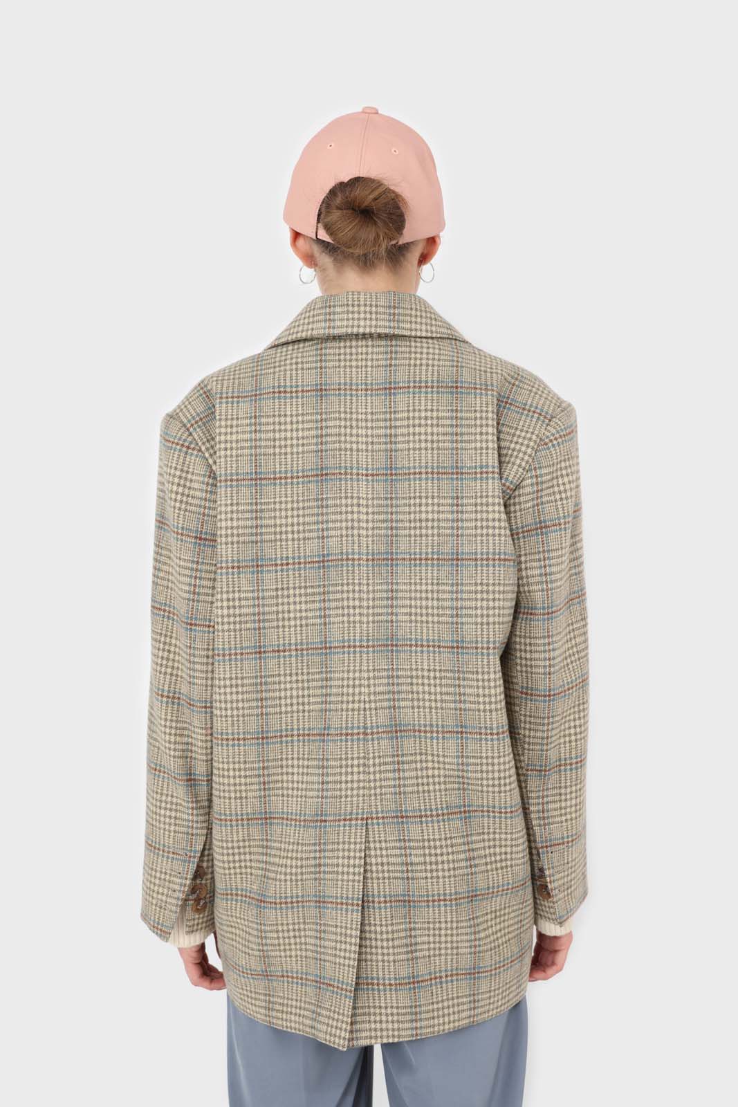 Beige and khaki checked oversized wool blazer_8