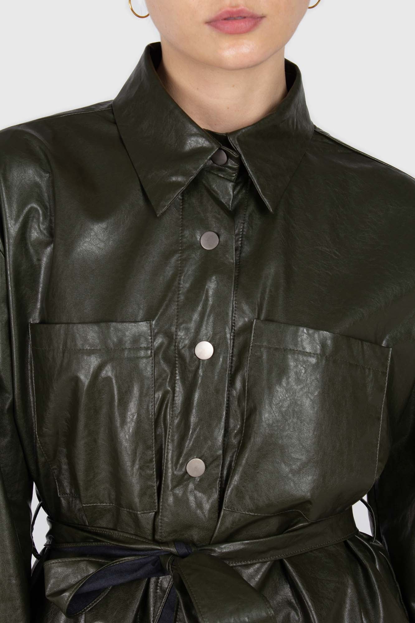 Khaki high shine glossy belted shirt_2