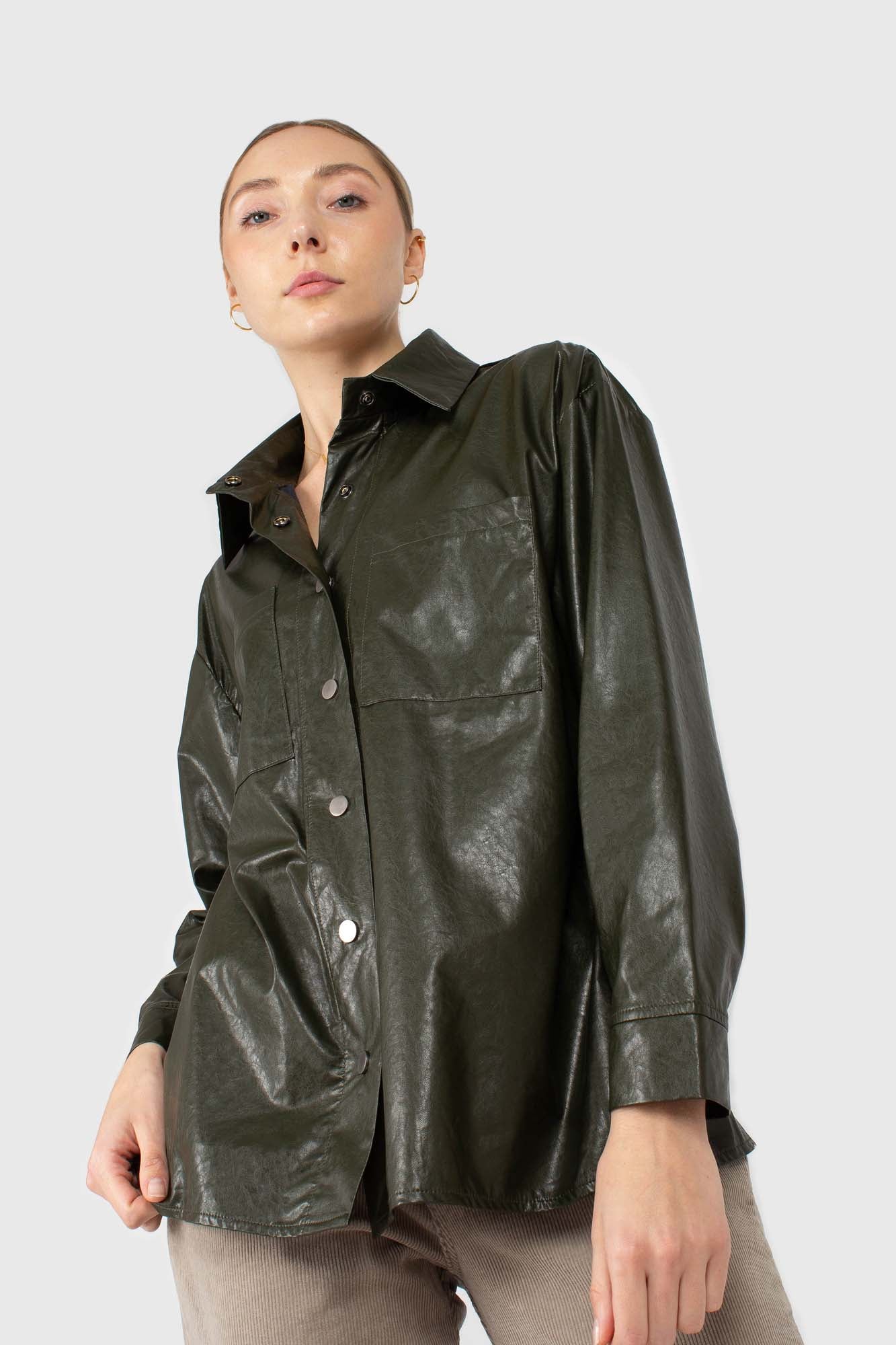 Khaki high shine glossy belted shirt_3