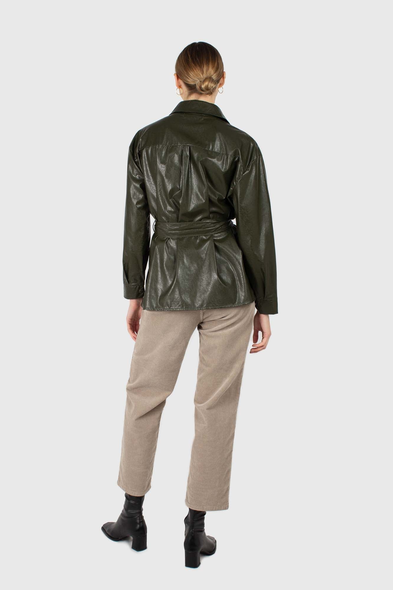 Khaki high shine glossy belted shirt_4