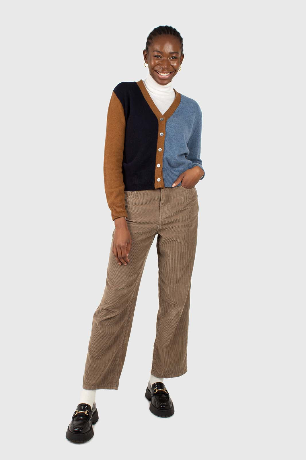 Blue and mustard colorblock wool blend cardigan_2