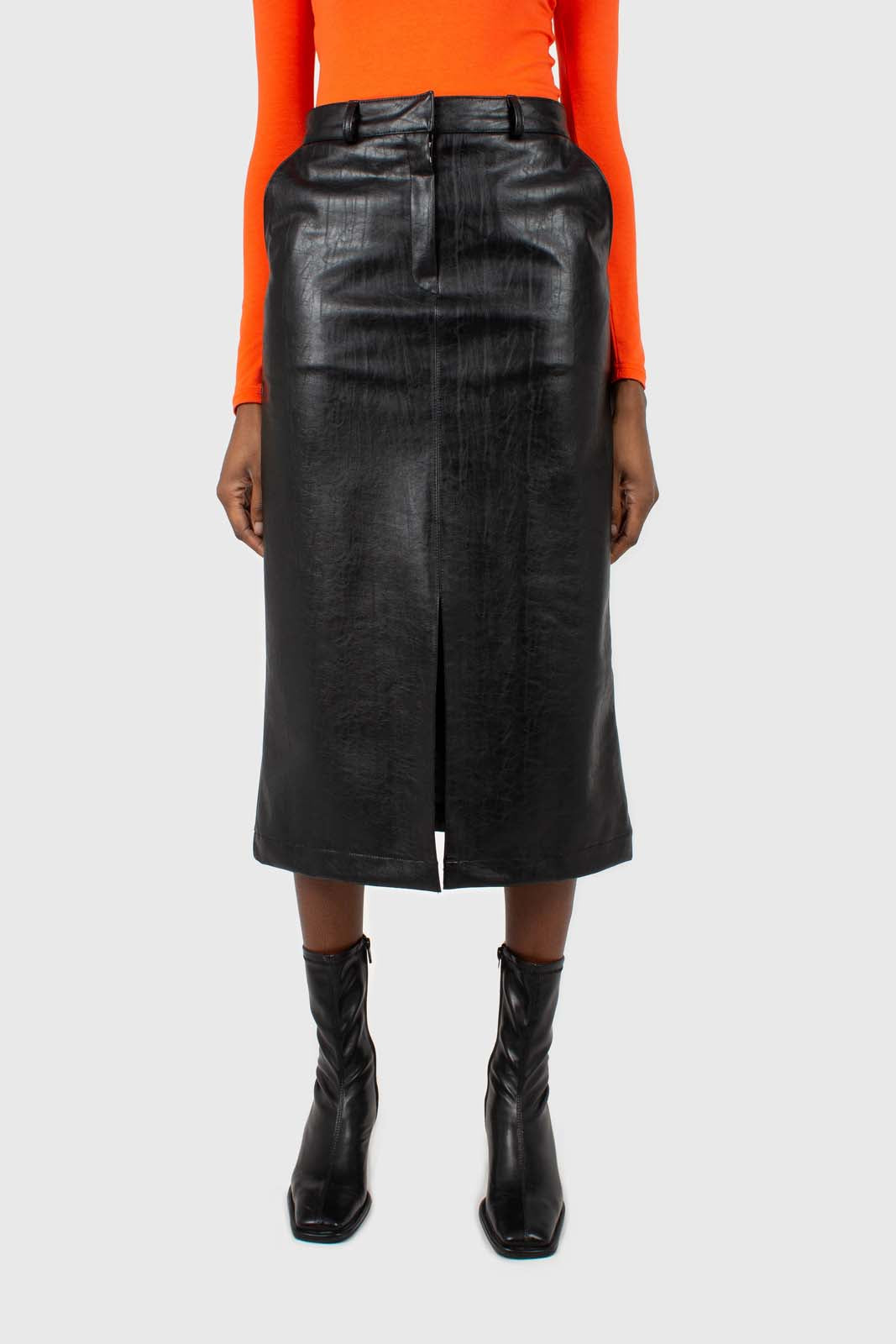 Black vegan leather midi skirt_8