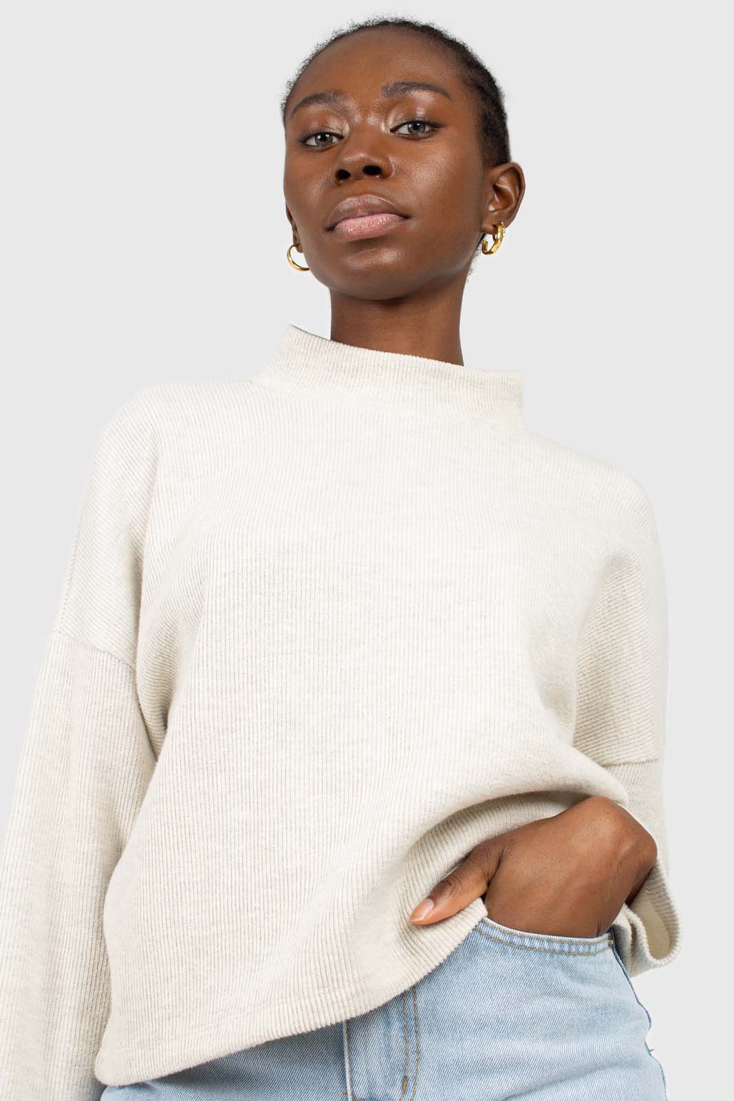 Oatmeal micro ribbed mock neck top_1
