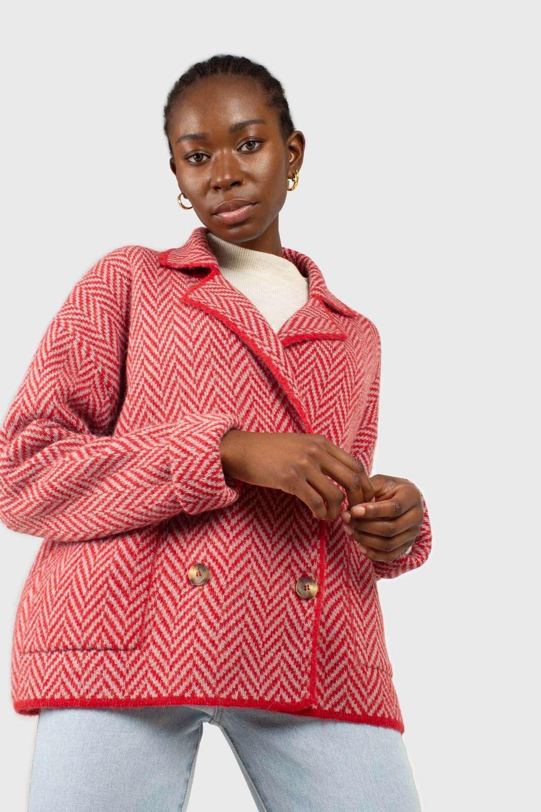 Red herringbone alpaca wool blend cardigan_1