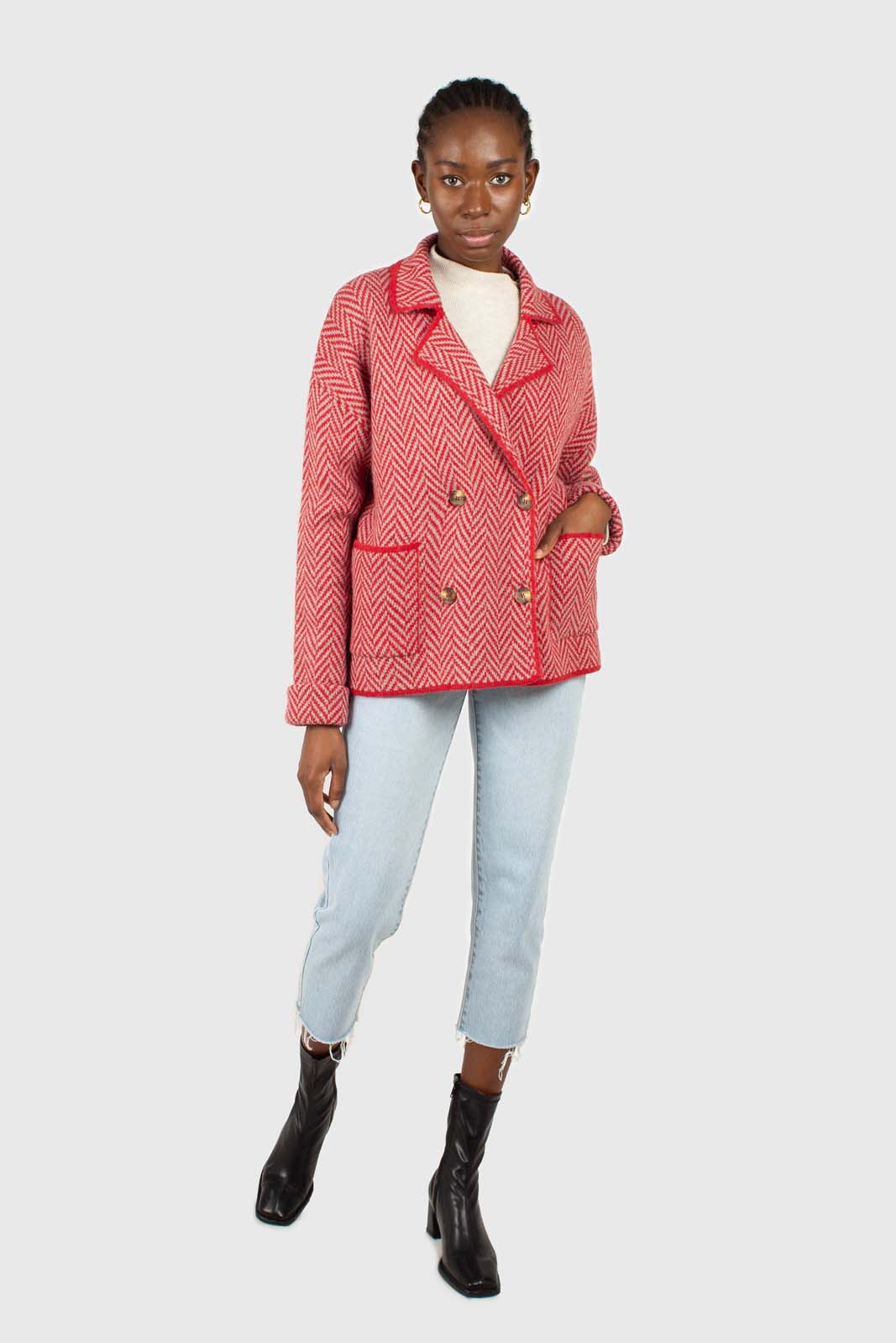 Red herringbone alpaca wool blend cardigan_2