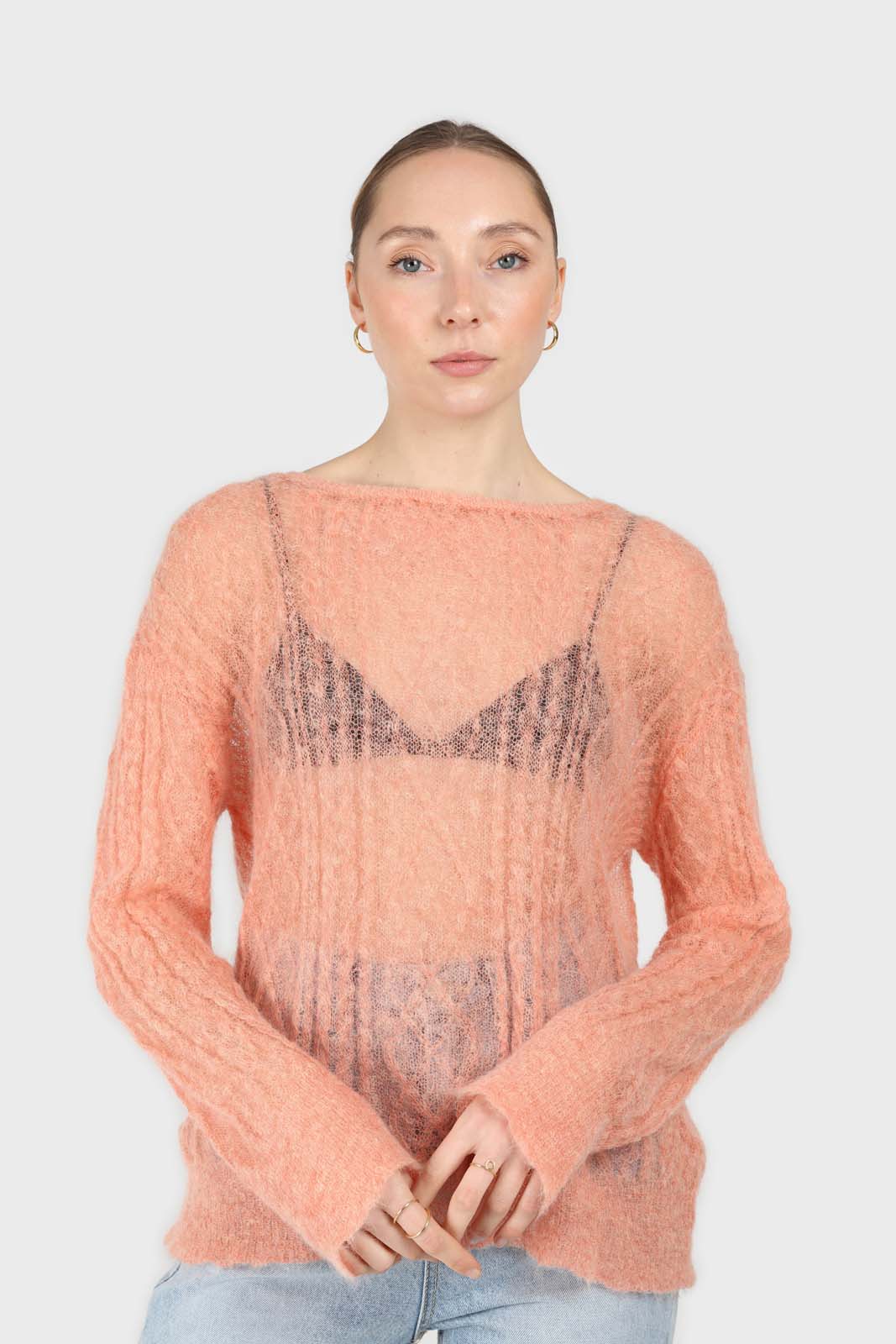 Pale orange sheer cableknit wool blend jumper_3