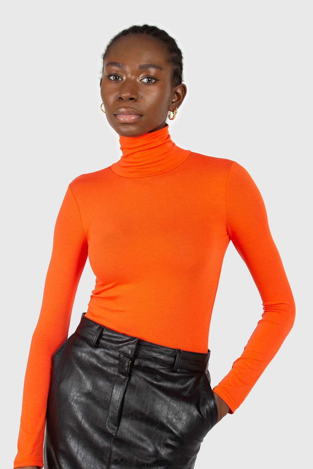 Bright orange soft jersey turtleneck top_1