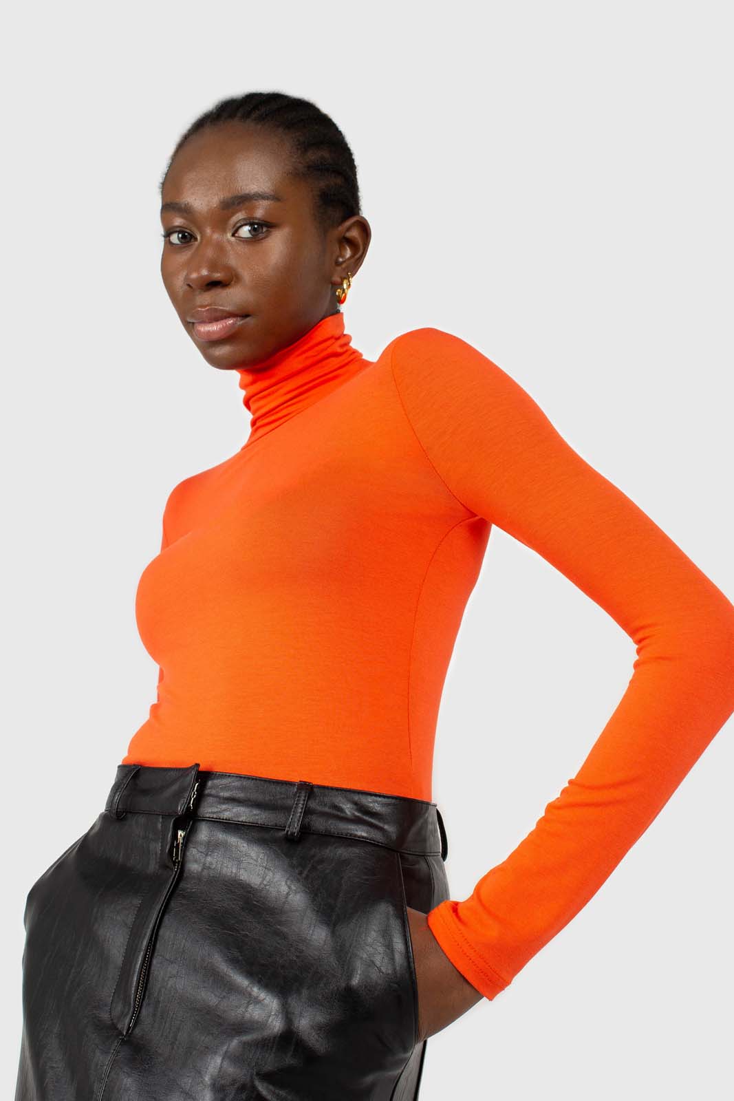 Bright orange soft jersey turtleneck top_5
