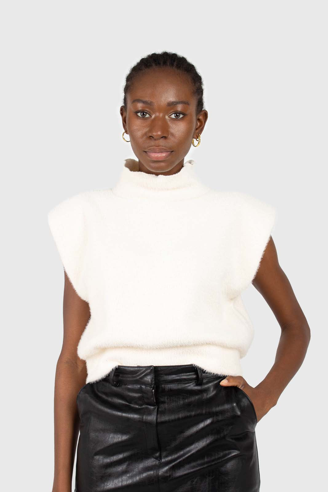 Ivory fuzzy structured shoulder pad vest top_1