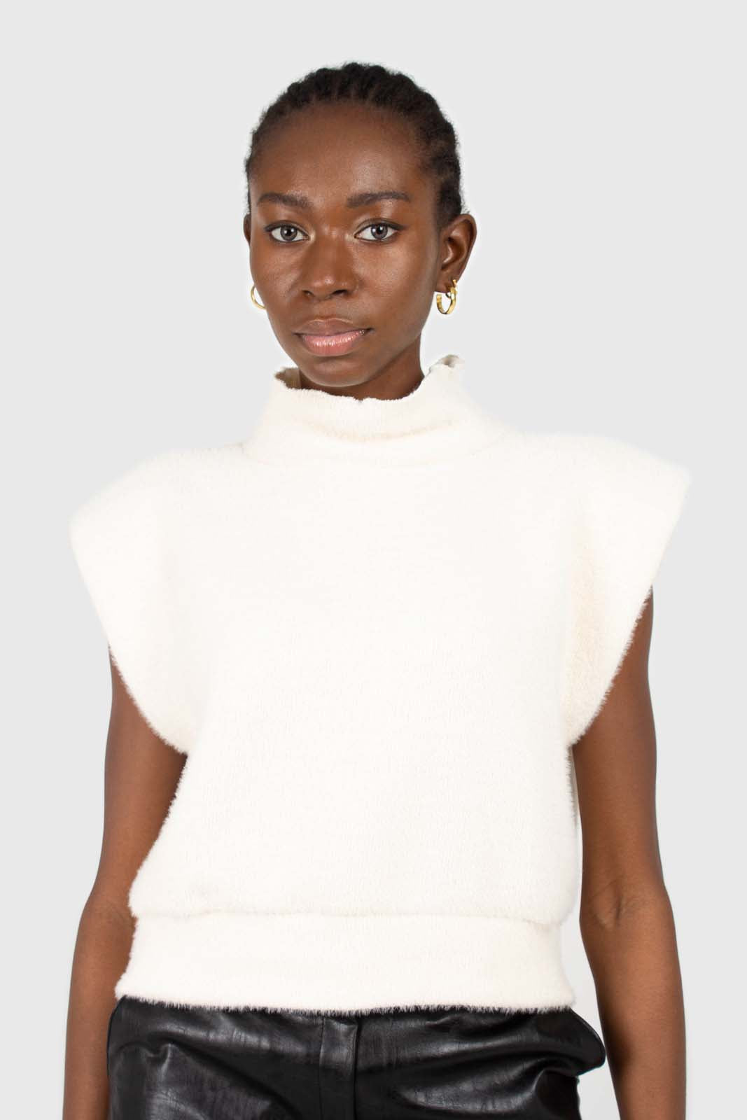Ivory fuzzy structured shoulder pad vest top_2