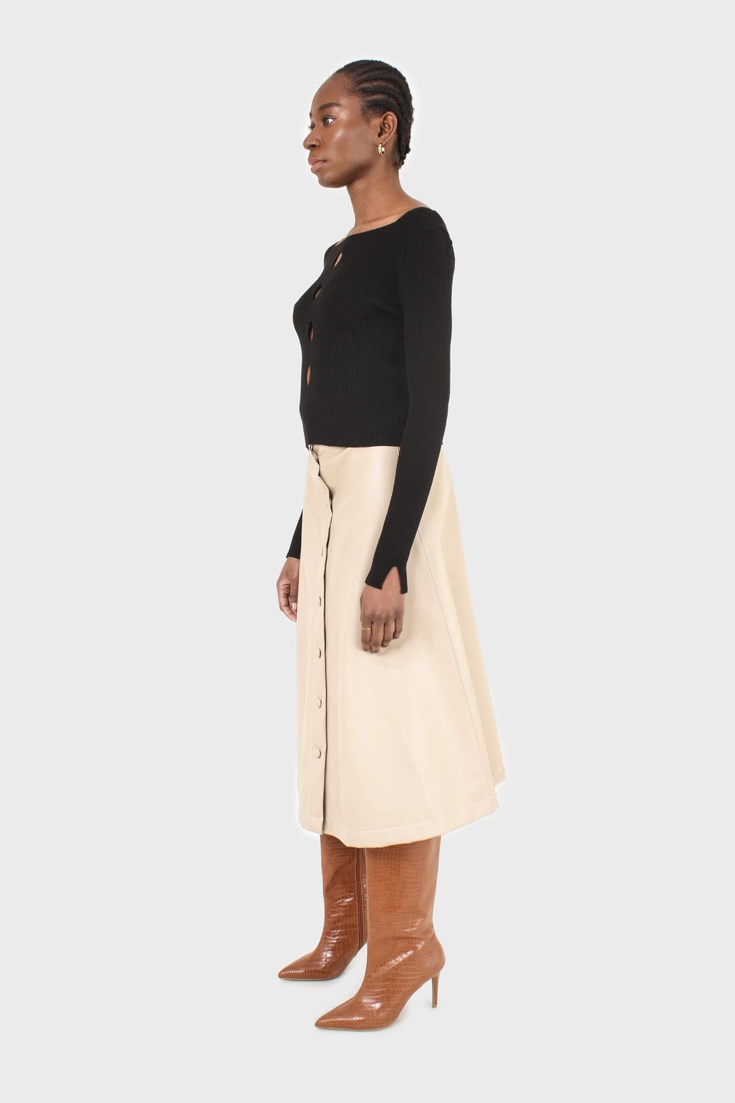 Black cascading hole square neck knit top_4