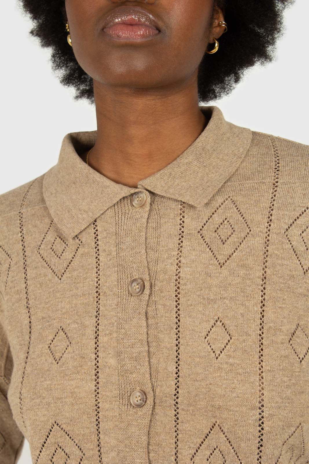 Beige patterned wool-blend knit polo top_2