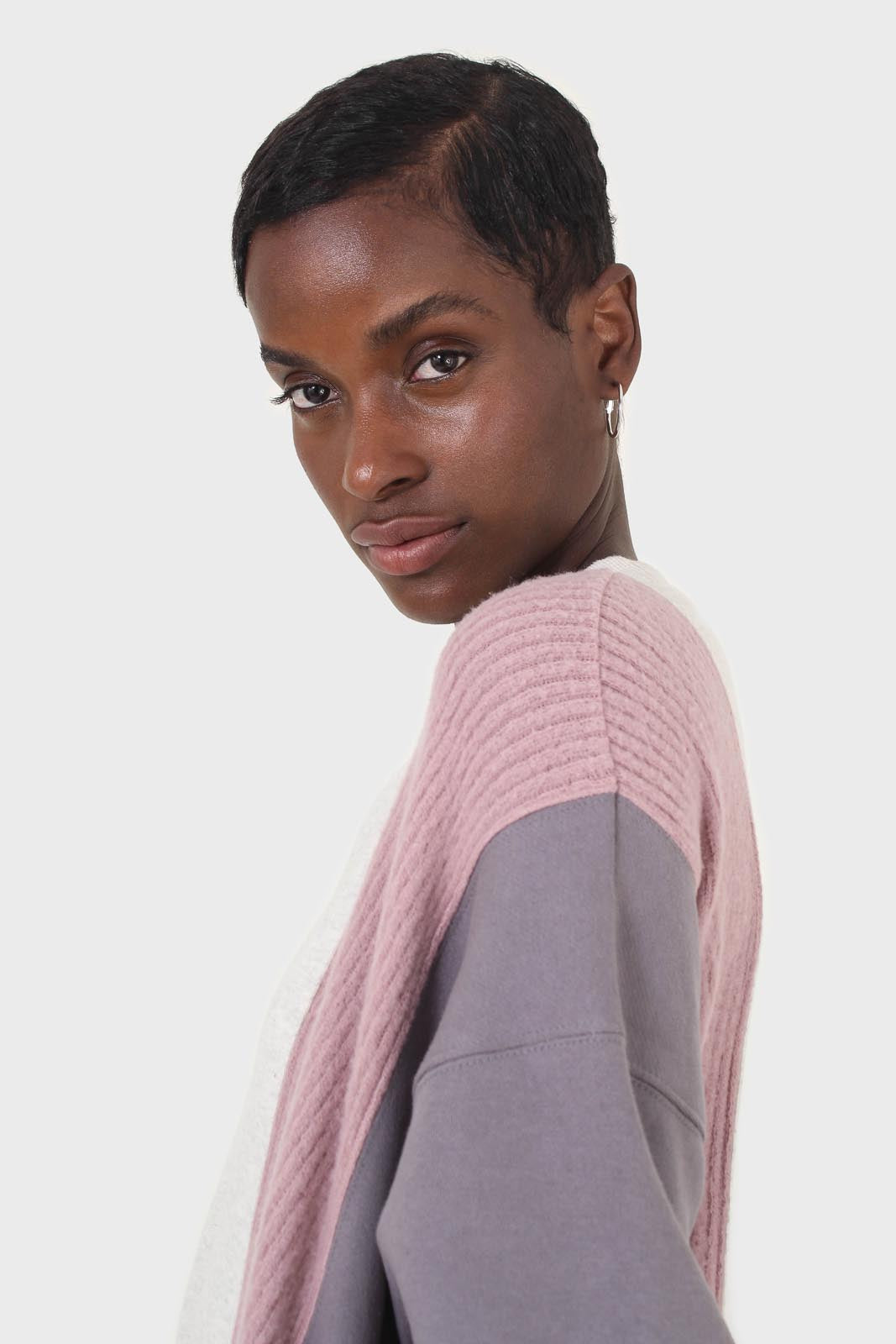 Grey and pink color block sweatshirt dress_10