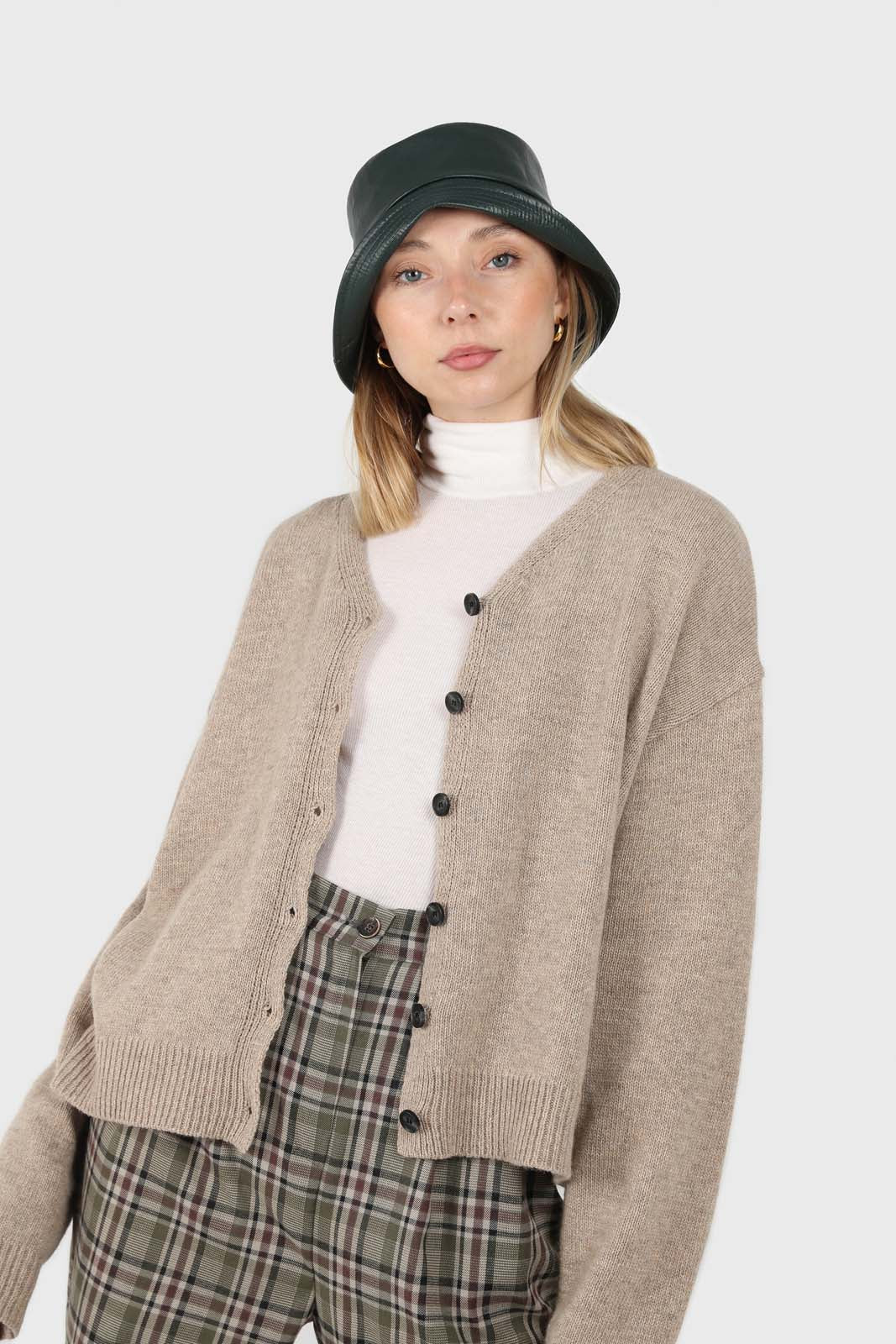 Light beige wool blend v-neck loose fit cardigan_3