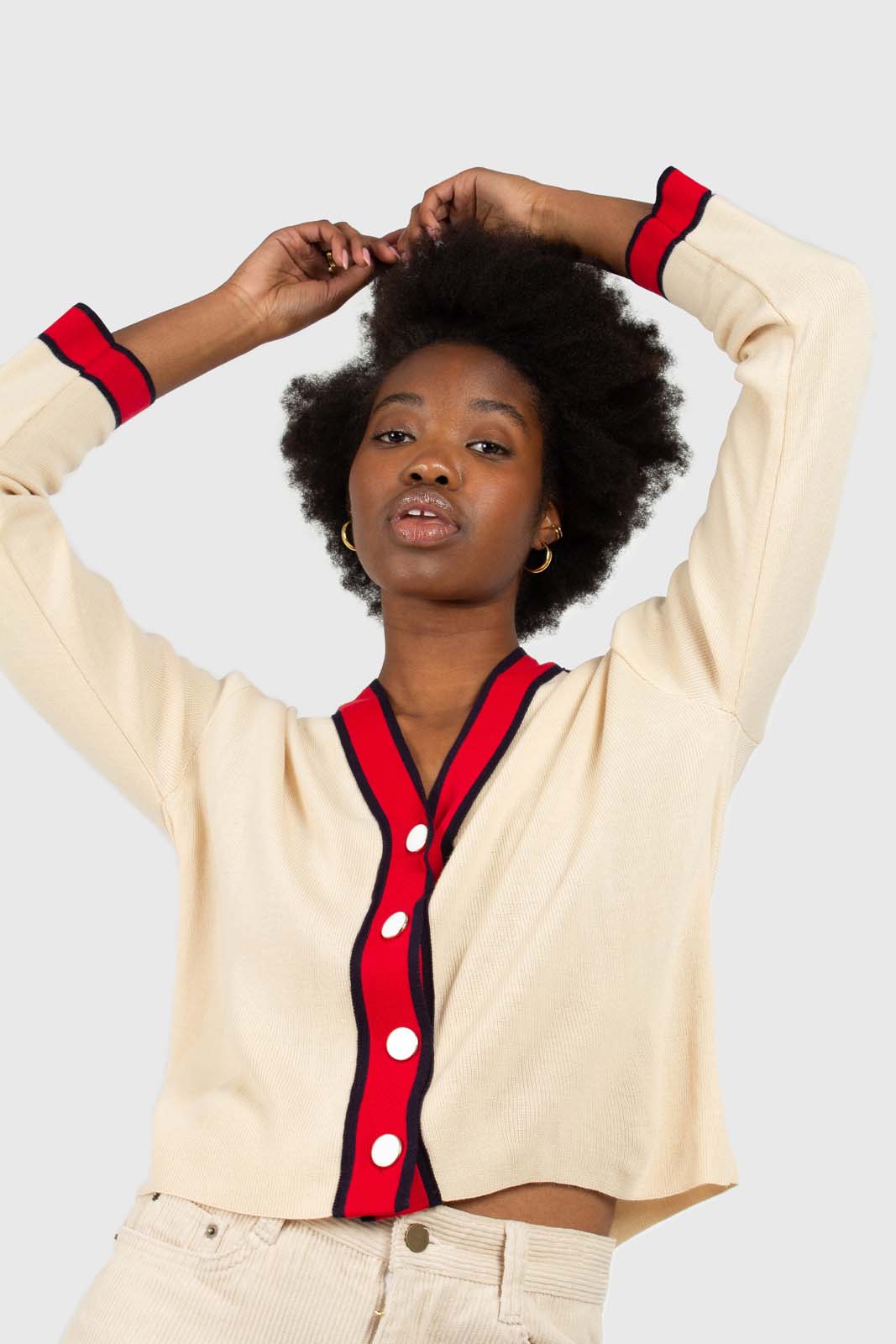Light beige and red contrast trim cardigan_2