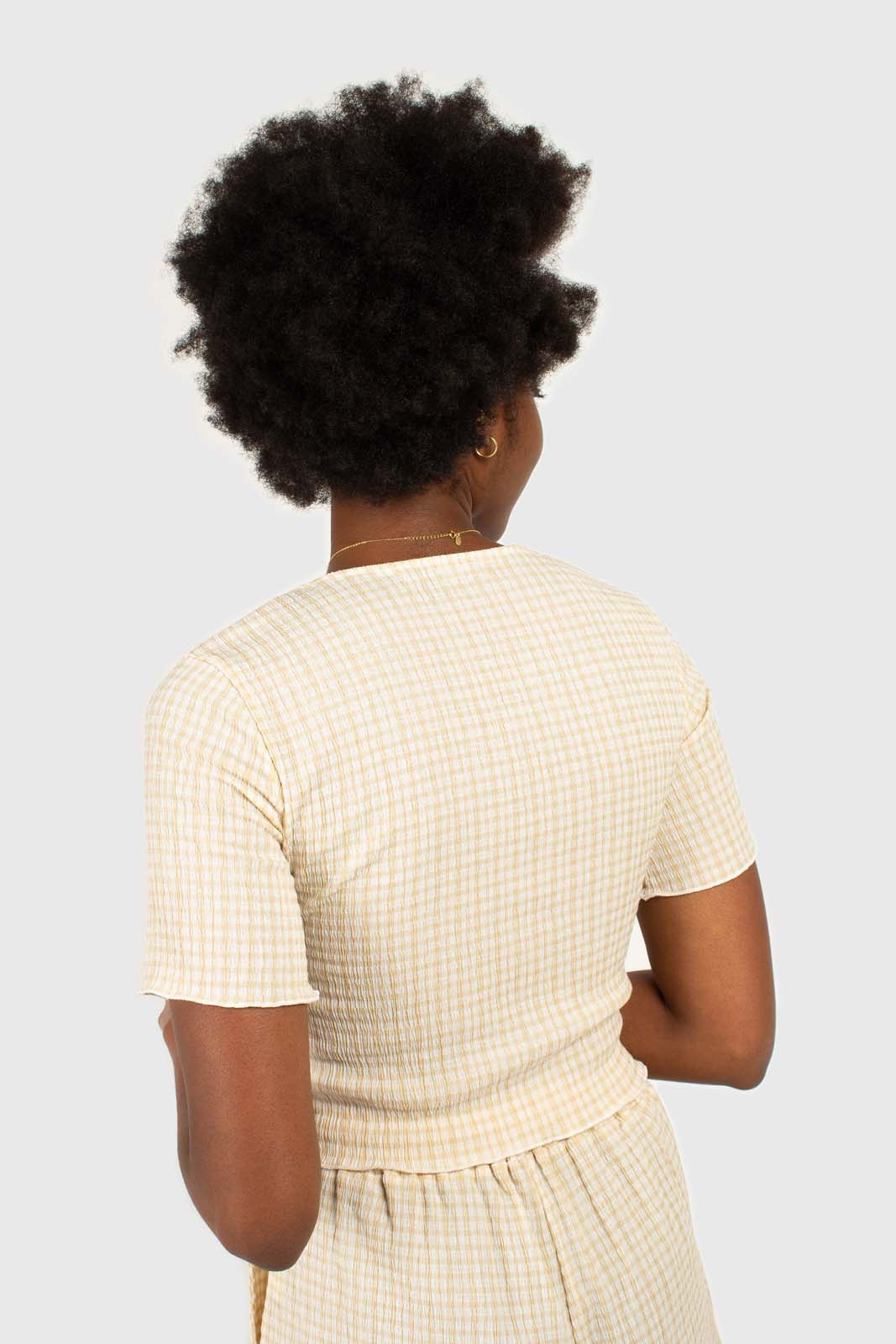 Beige gingham ruched neck tee_5