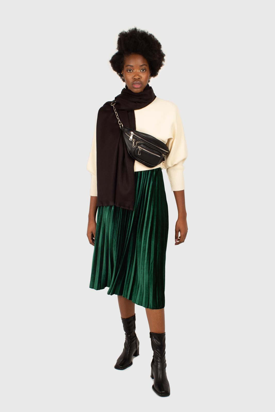 Green velvet pleated midi skirt_3