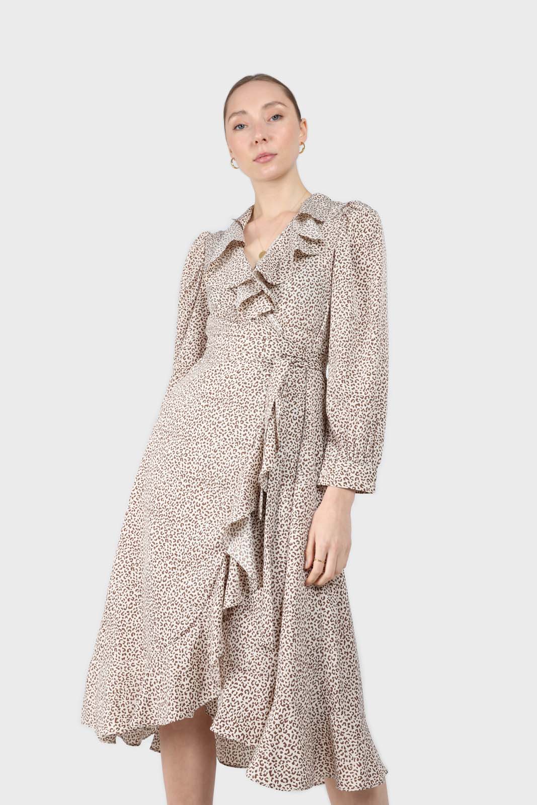Ivory and brown animal print ruffle trim wrap dress_1