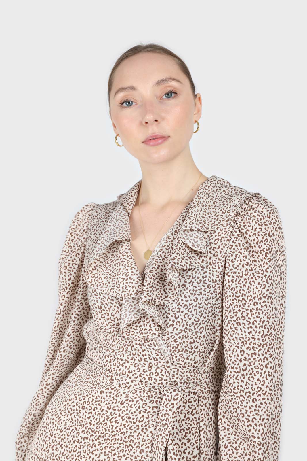 Ivory and brown animal print ruffle trim wrap dress_5