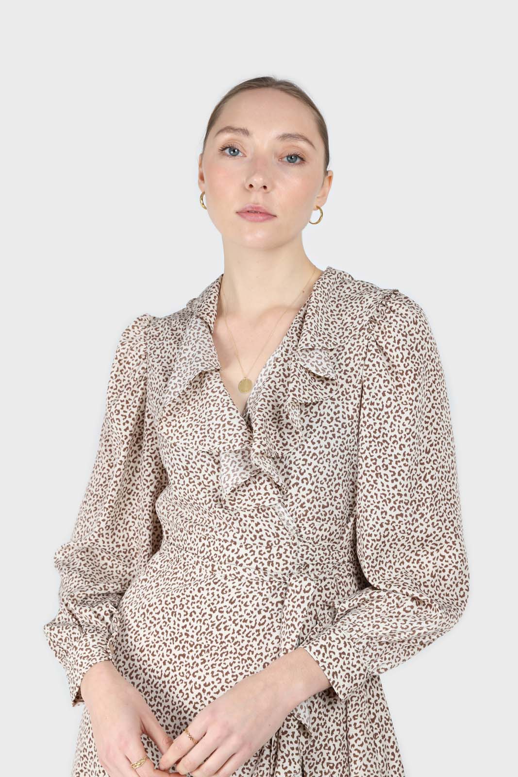 Ivory and brown animal print ruffle trim wrap dress_6