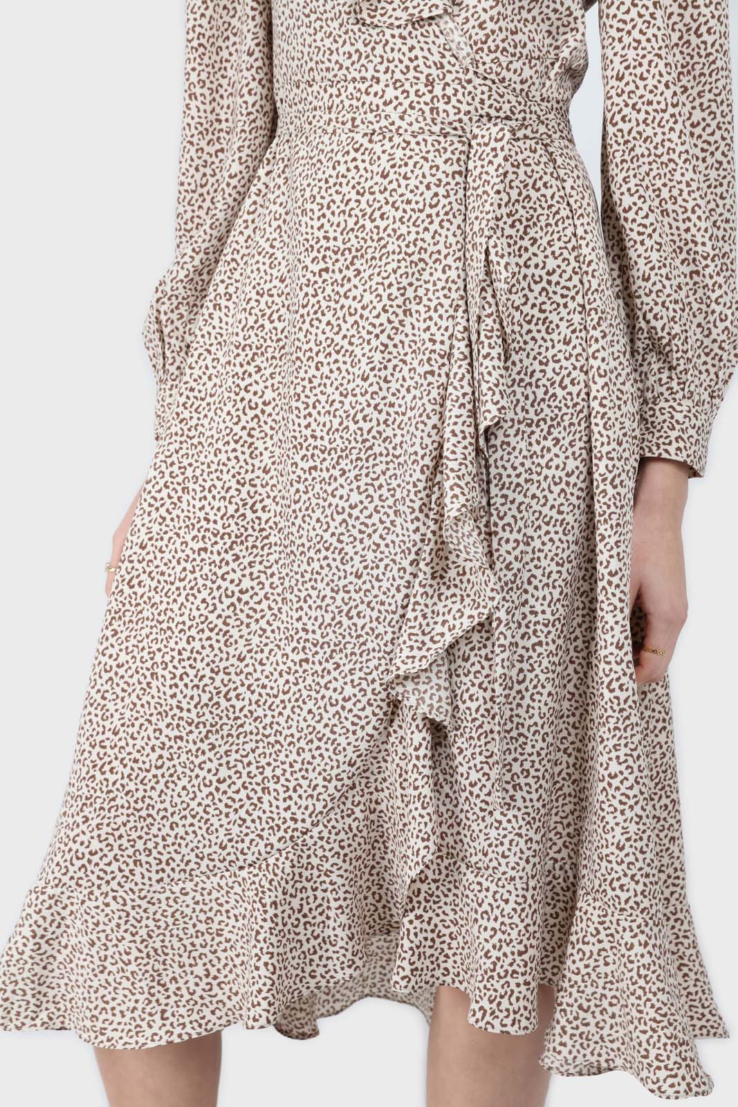 Ivory and brown animal print ruffle trim wrap dress_2