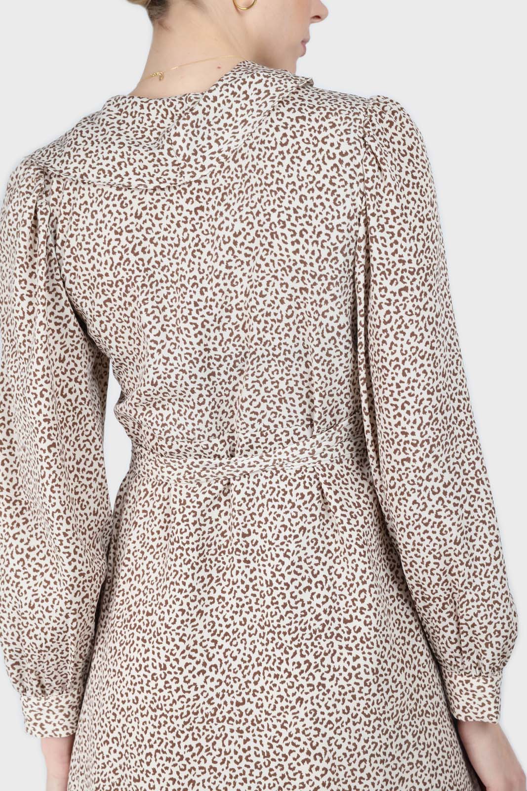 Ivory and brown animal print ruffle trim wrap dress_4