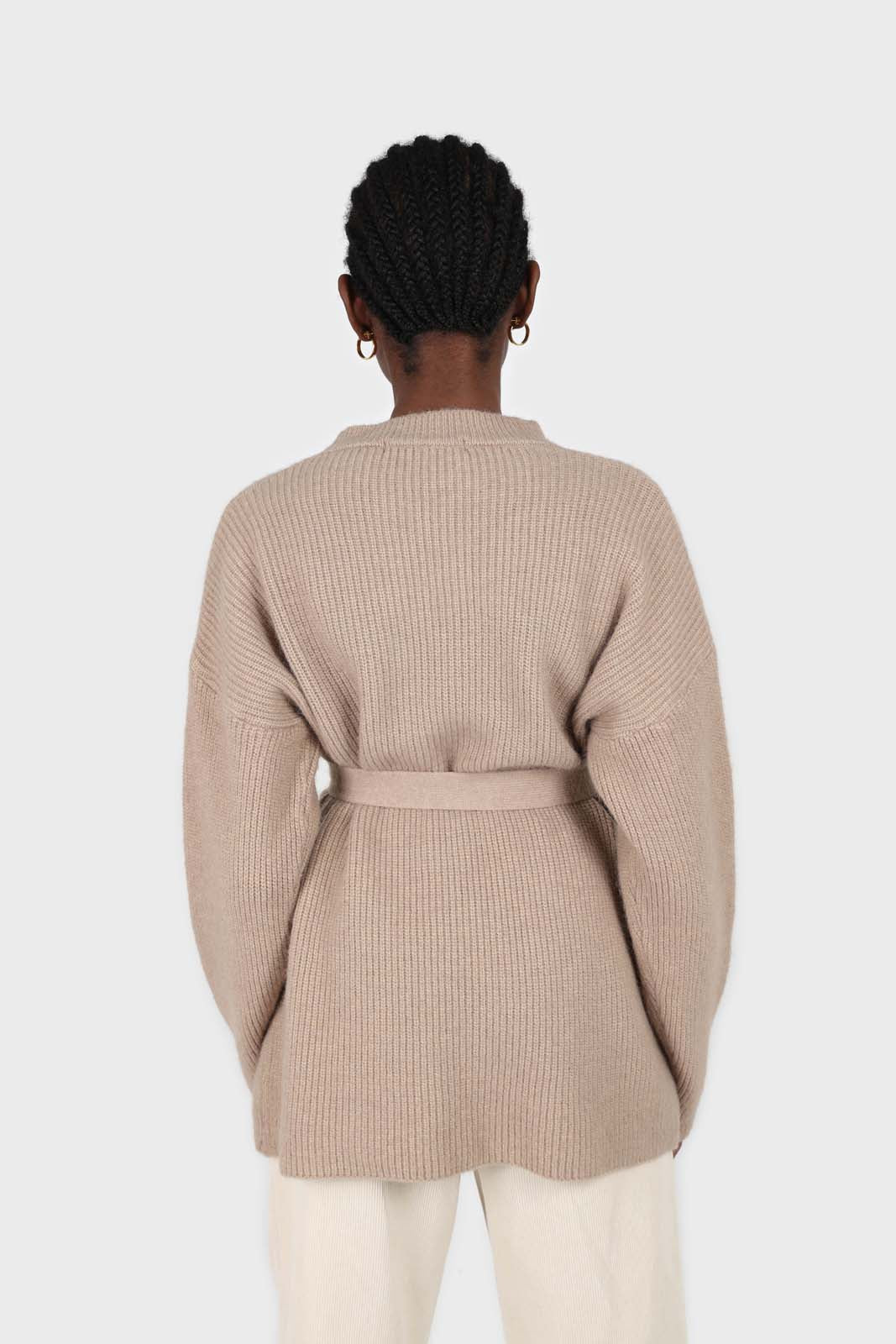 Beige wool blend belted oversized jumper_4