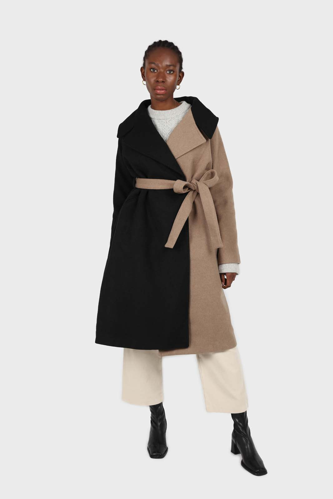 Beige and black wool blend contrast panel belted coat_2