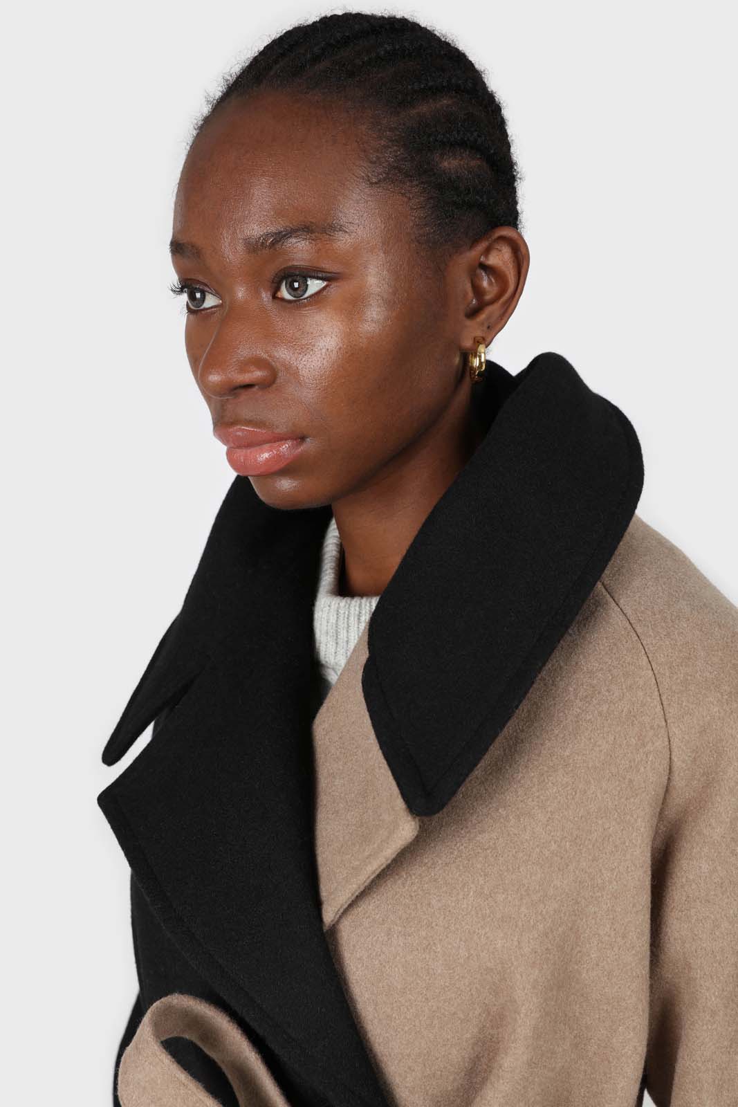 Beige and black wool blend contrast panel belted coat_1