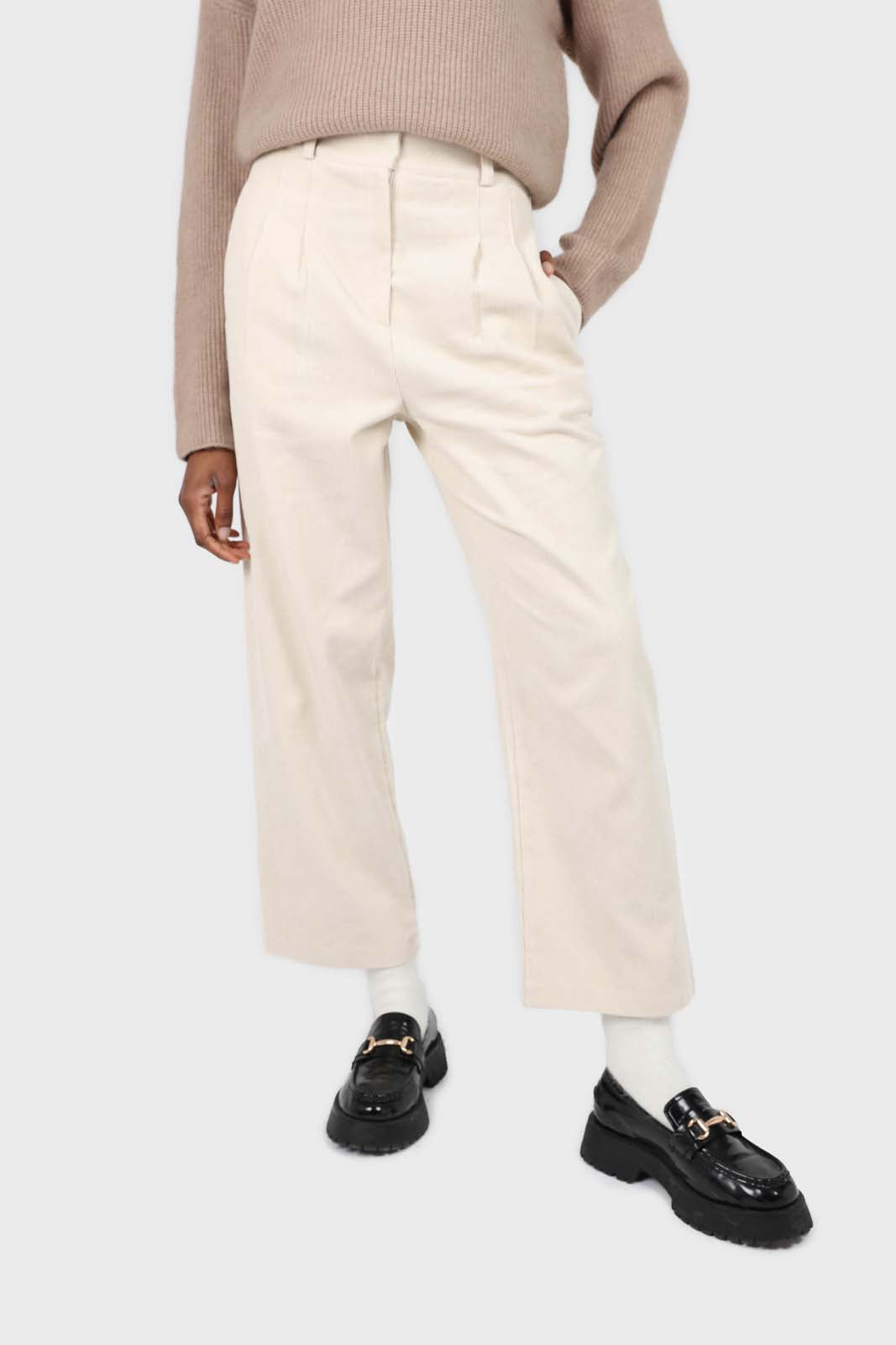 Ivory corduroy tucked loose fit trousers - 2010_1