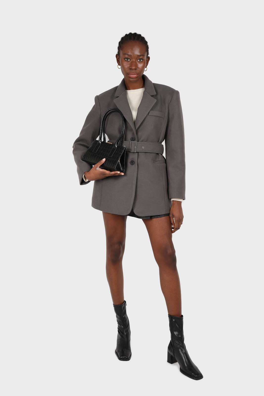 Charcoal wool blend oversized belted blazer_1