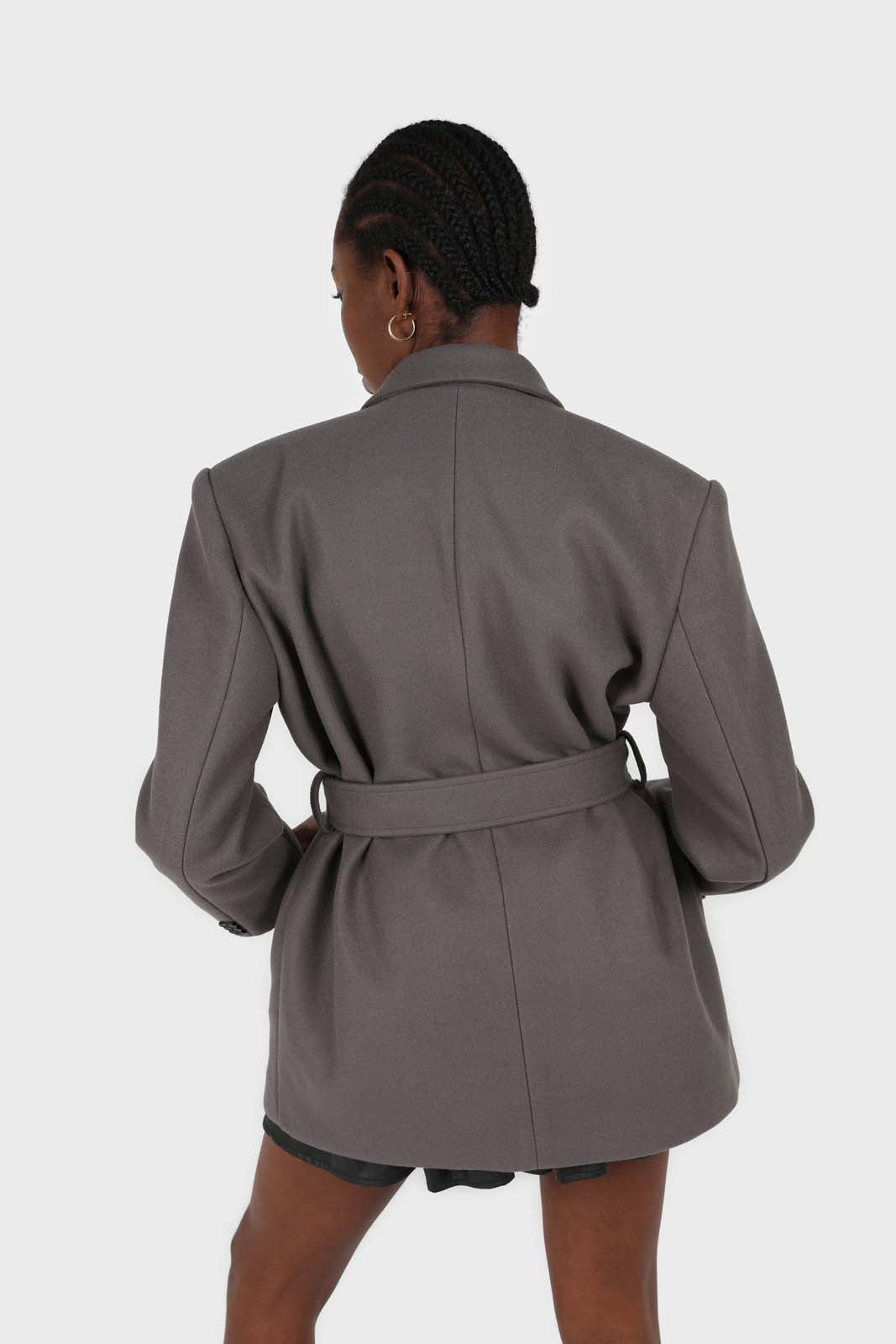 Charcoal wool blend oversized belted blazer_4