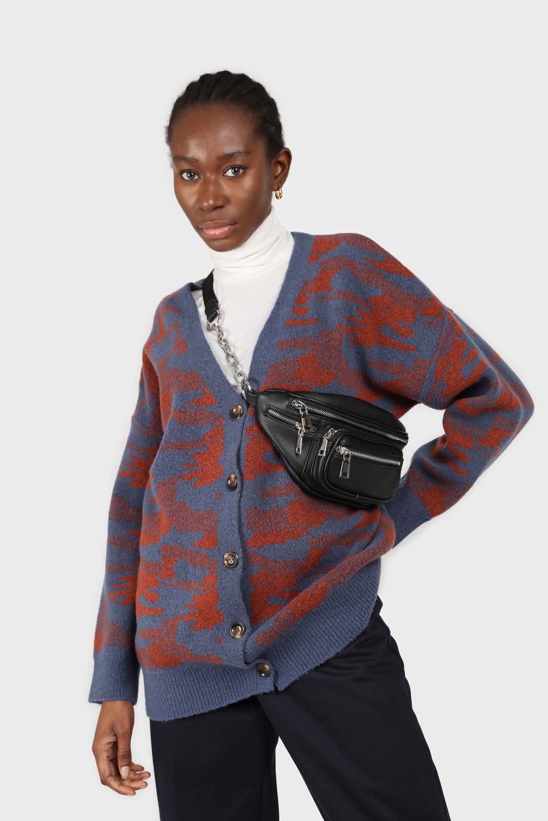 Blue and brown abstract pattern cardigan_1