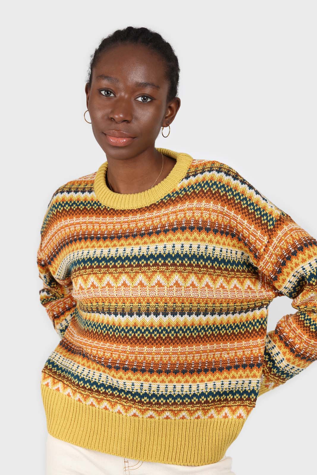 Yellow multi patterned crew neck jumper_1