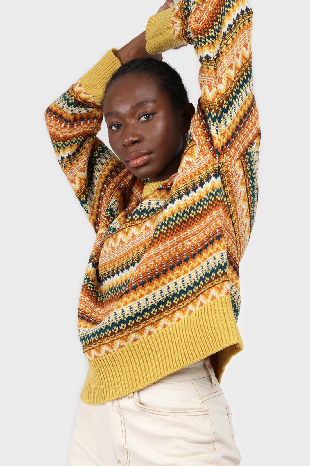 Yellow multi patterned crew neck jumper_3