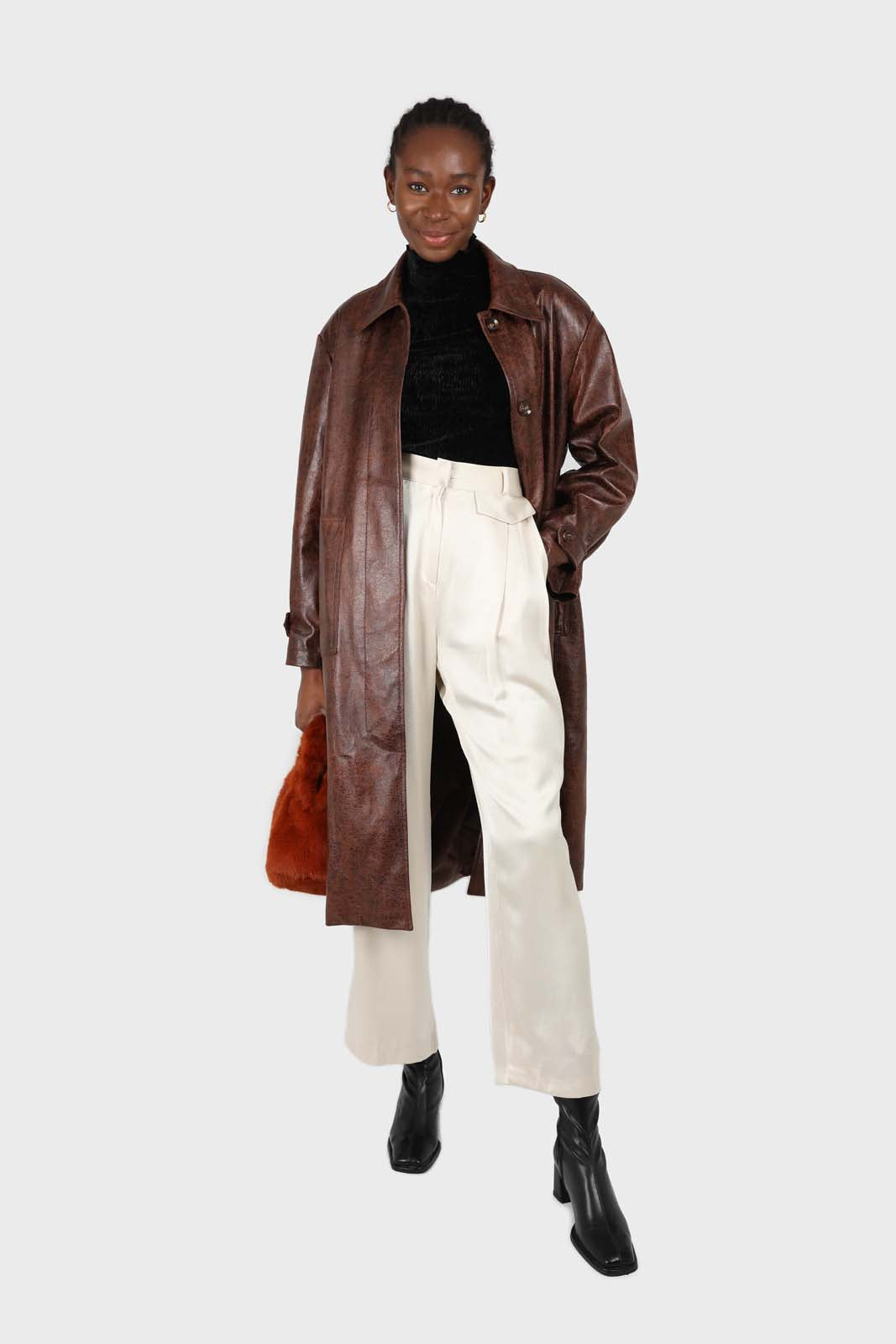 Brown cracked vegan leather belted coat_3