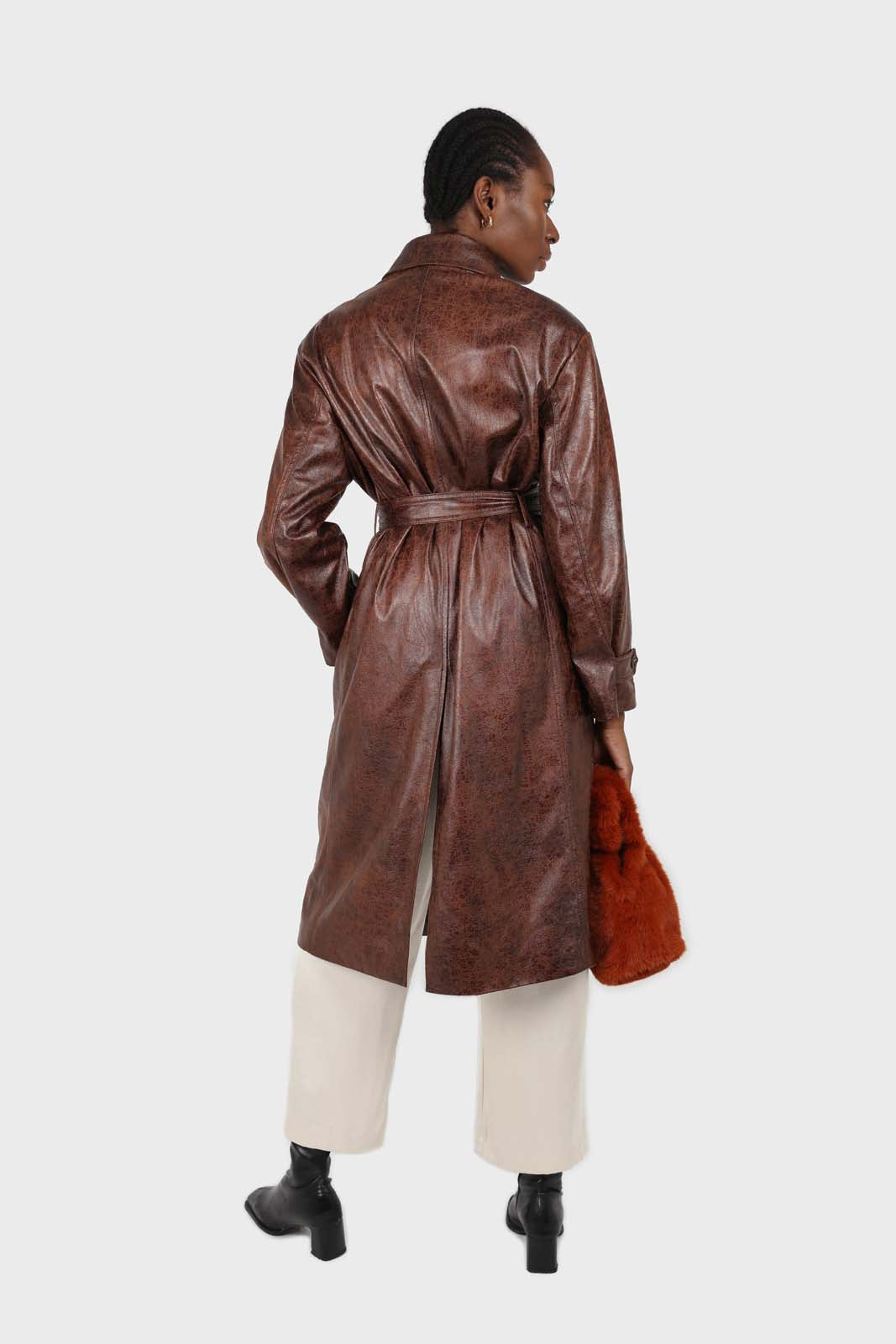 Brown cracked vegan leather belted coat_4