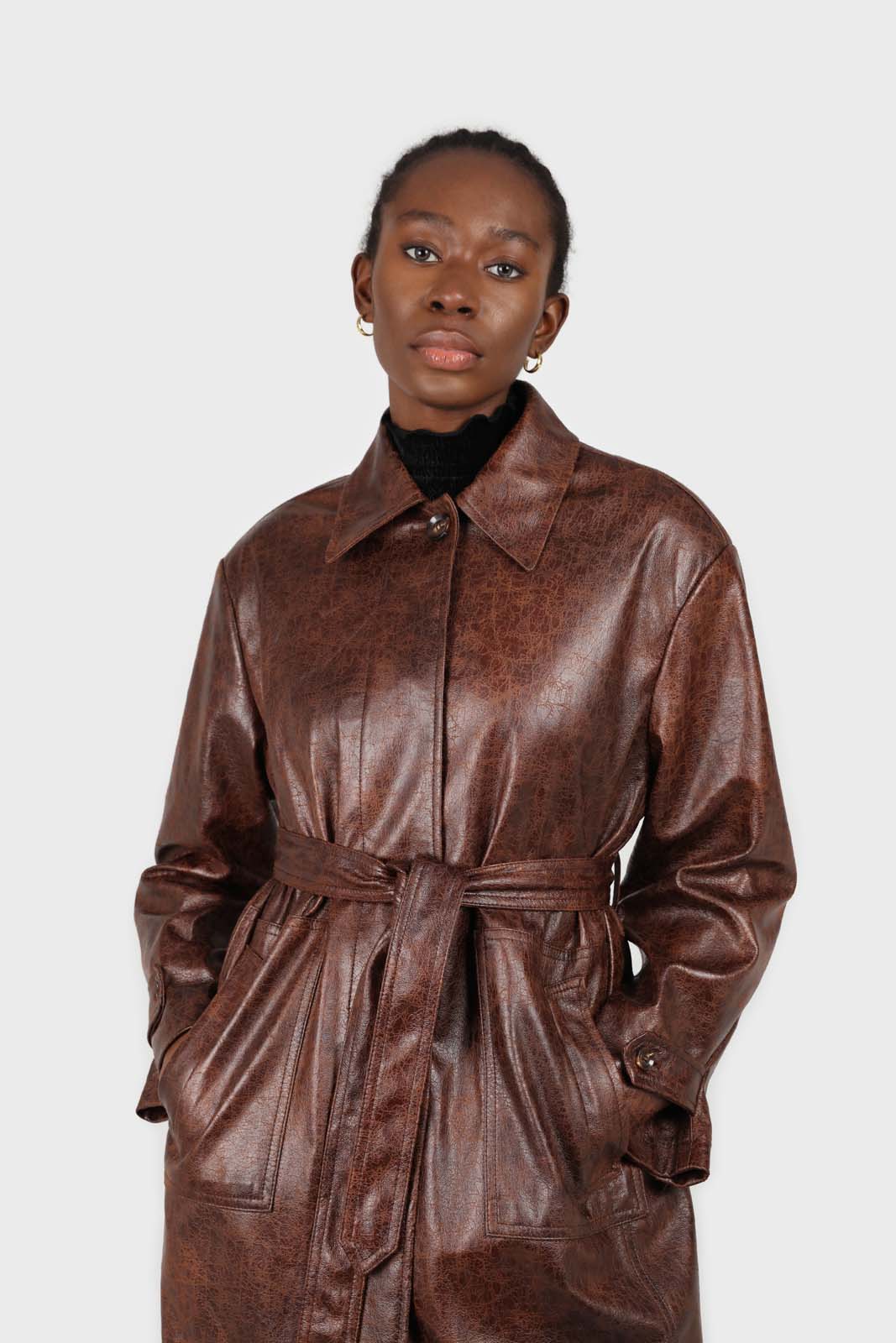 Brown cracked vegan leather belted coat_1