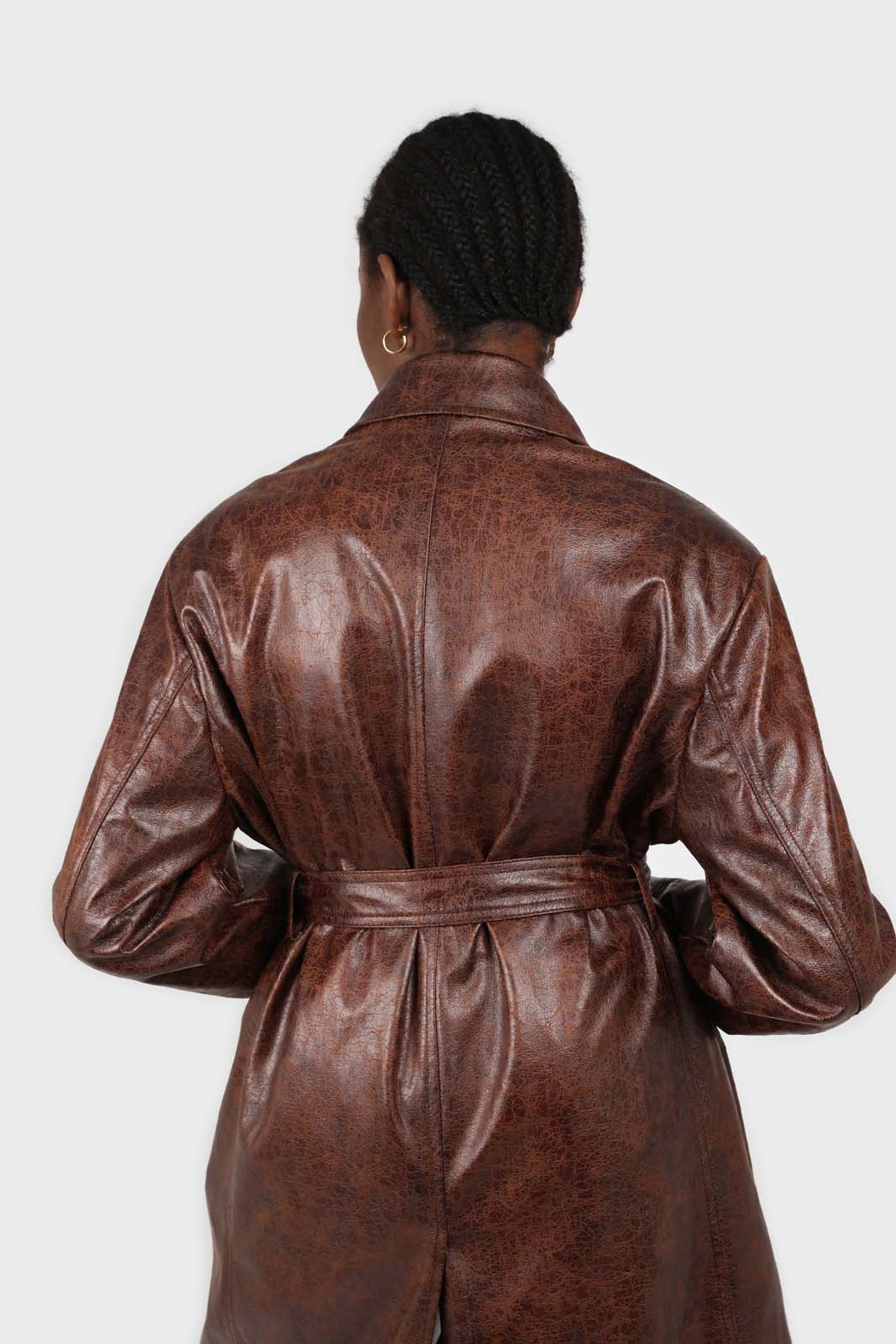 Brown cracked vegan leather belted coat_6