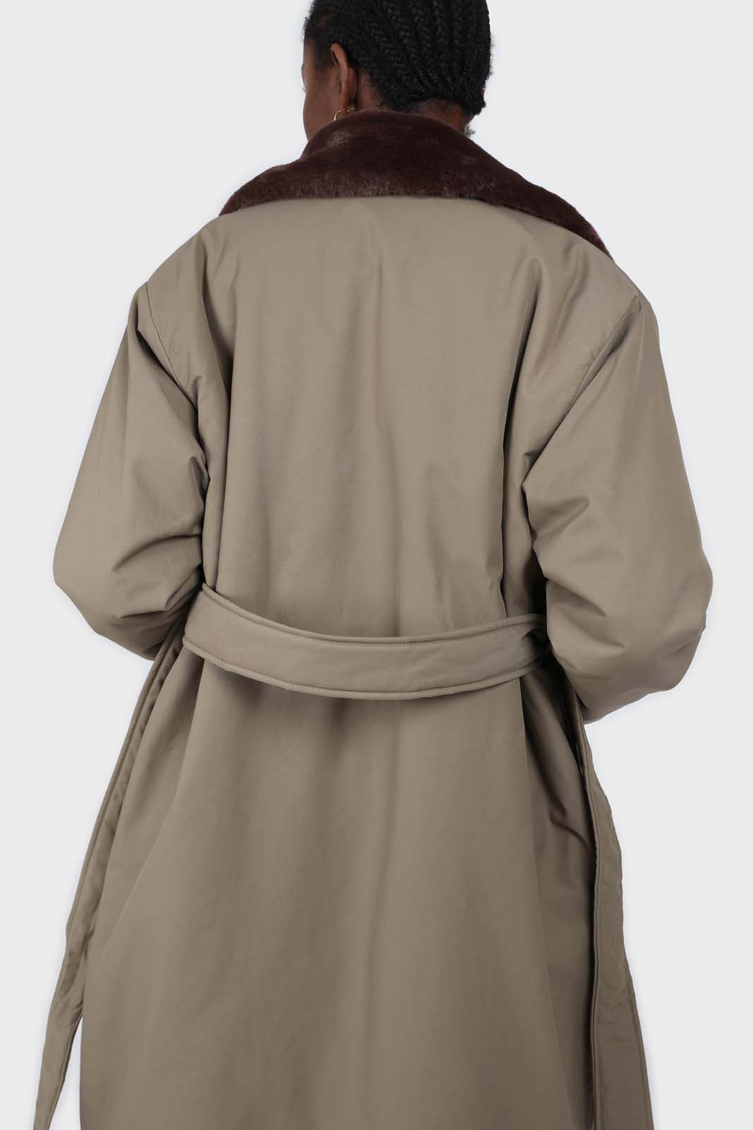 Khaki and brown faux fur collar contrast faux fur lined trench coat_7