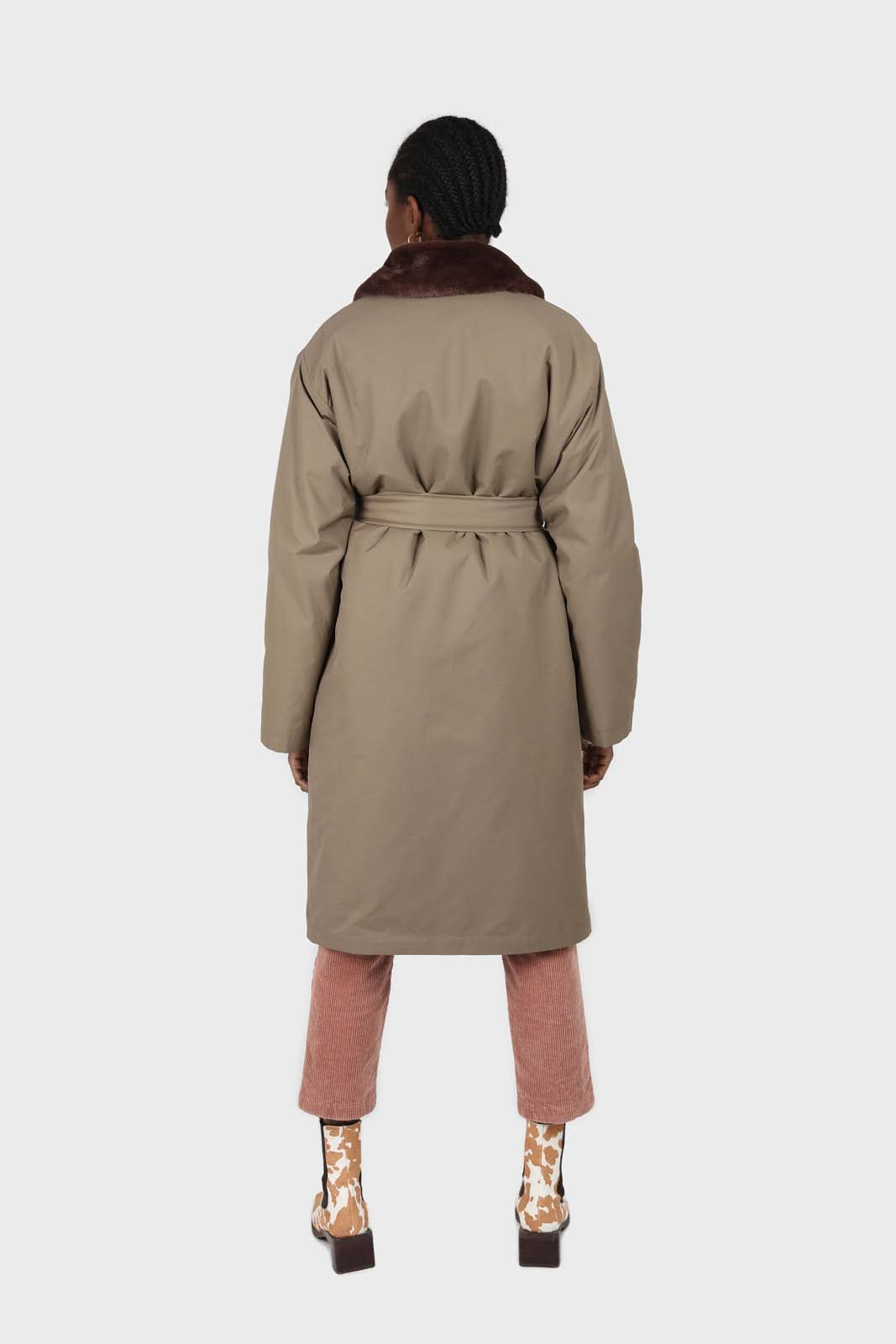 Khaki and brown faux fur collar contrast faux fur lined trench coat_8