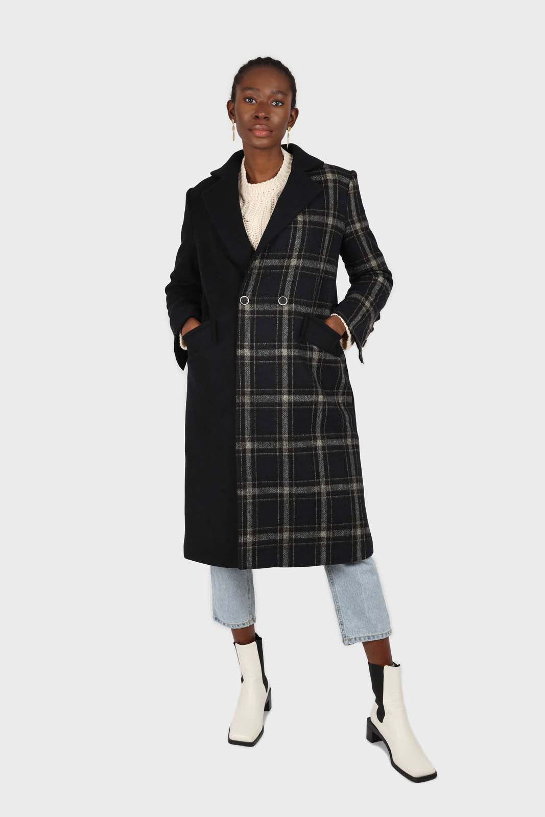 Navy contrast checked panel wool blend coat_1
