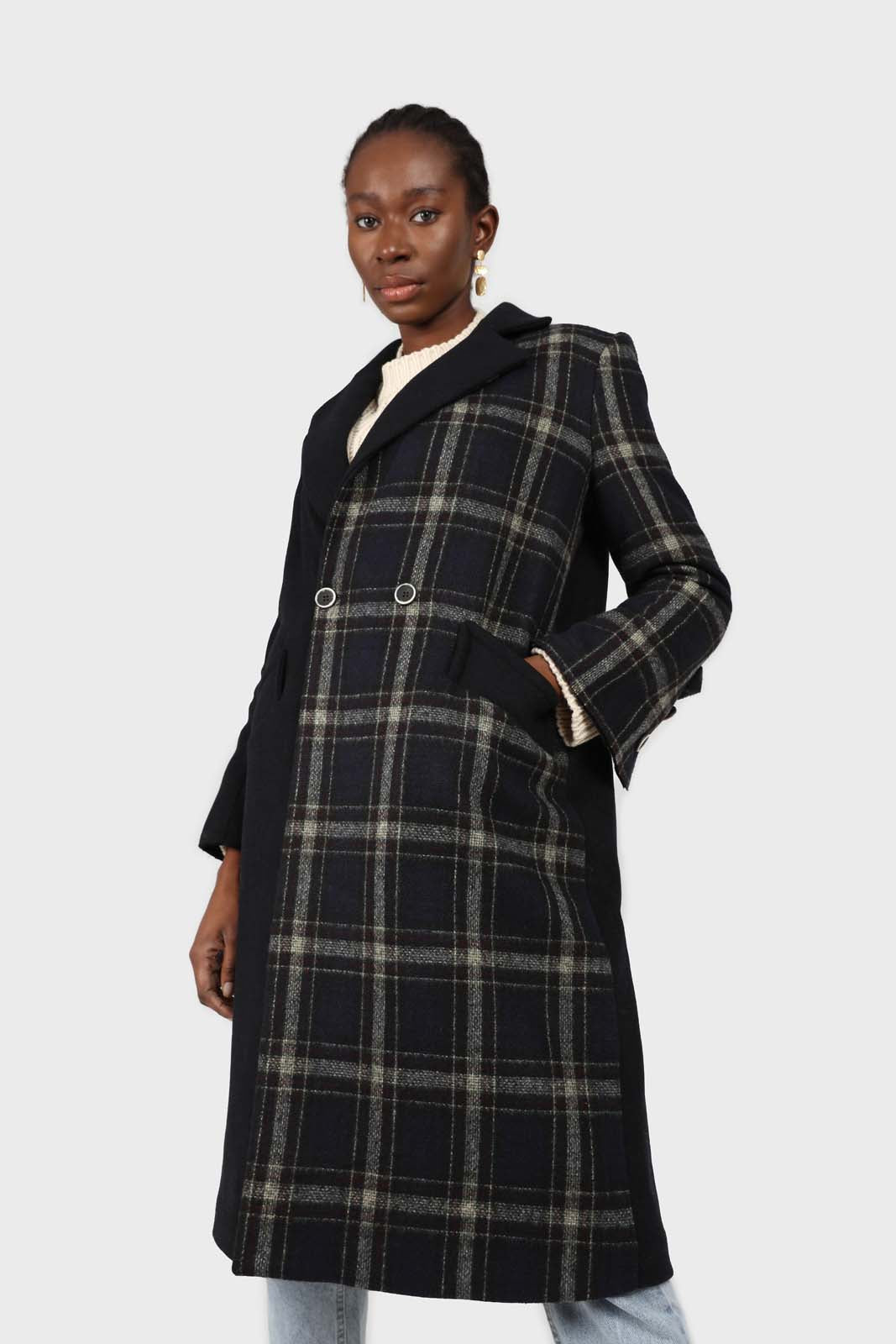Navy contrast checked panel wool blend coat_6
