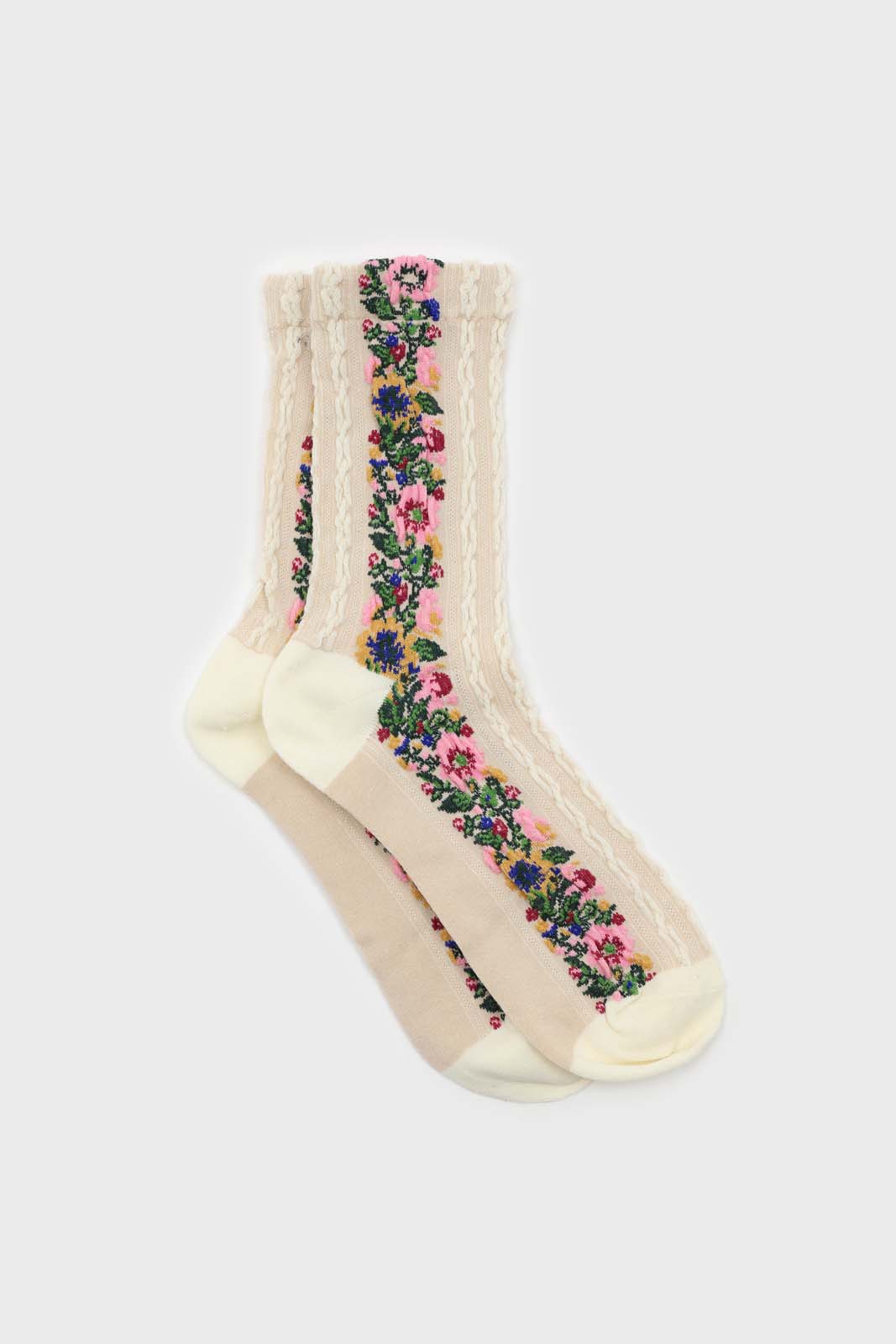 White textured floral strip socks_3