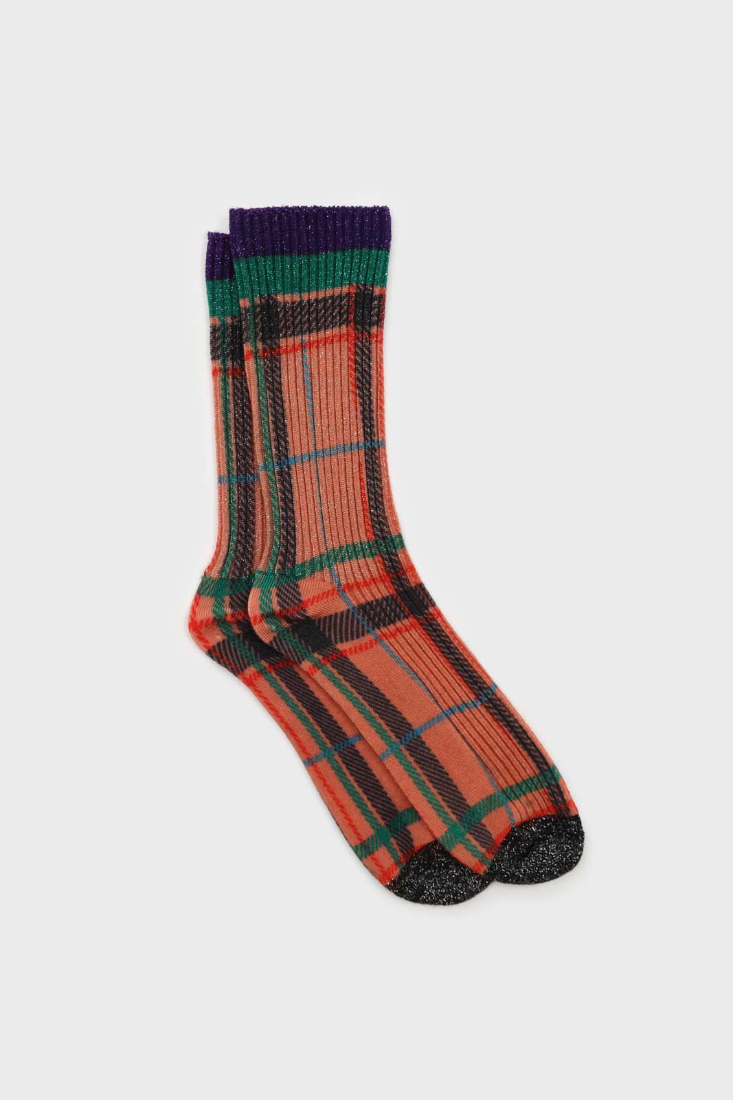 Orange and green metallic checked socks_1