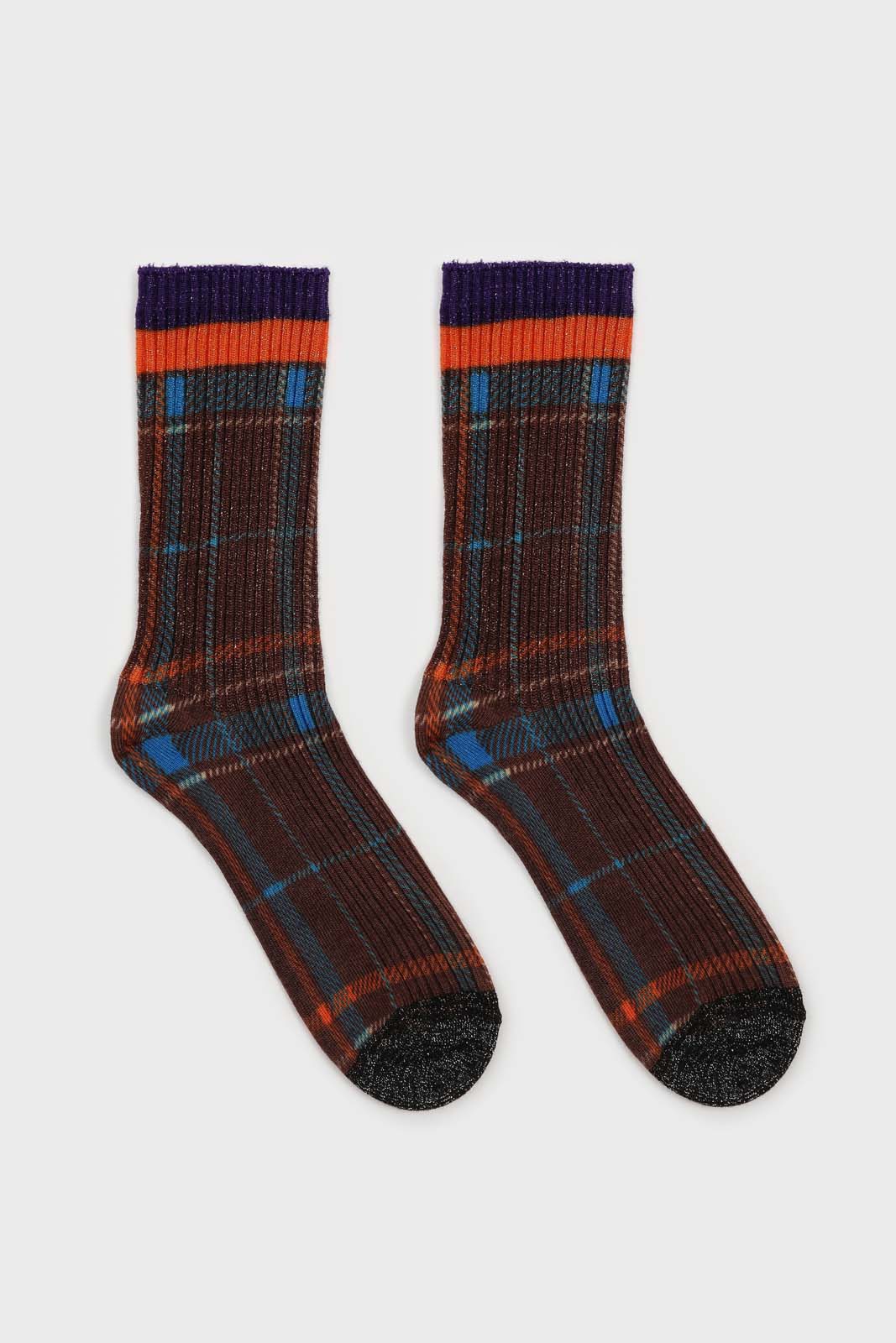 Brown and orange metallic checked socks_4