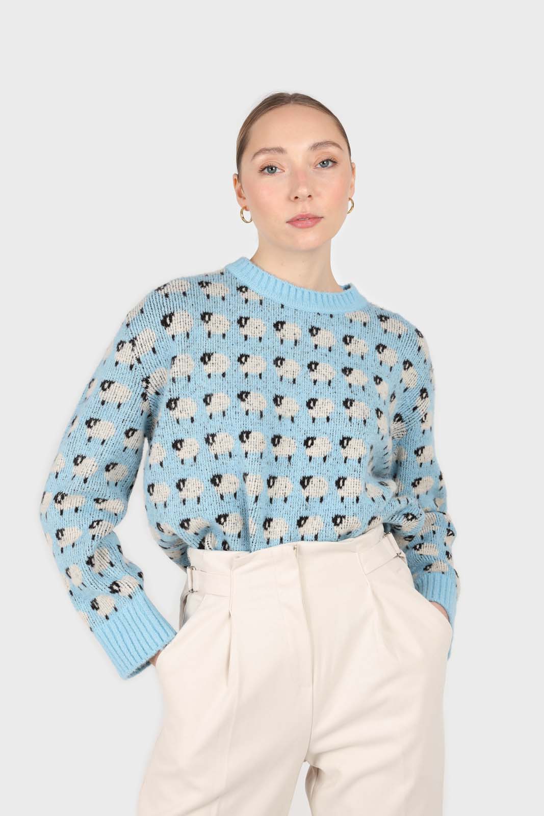 Blue intarsia sheep crew neck jumper_3