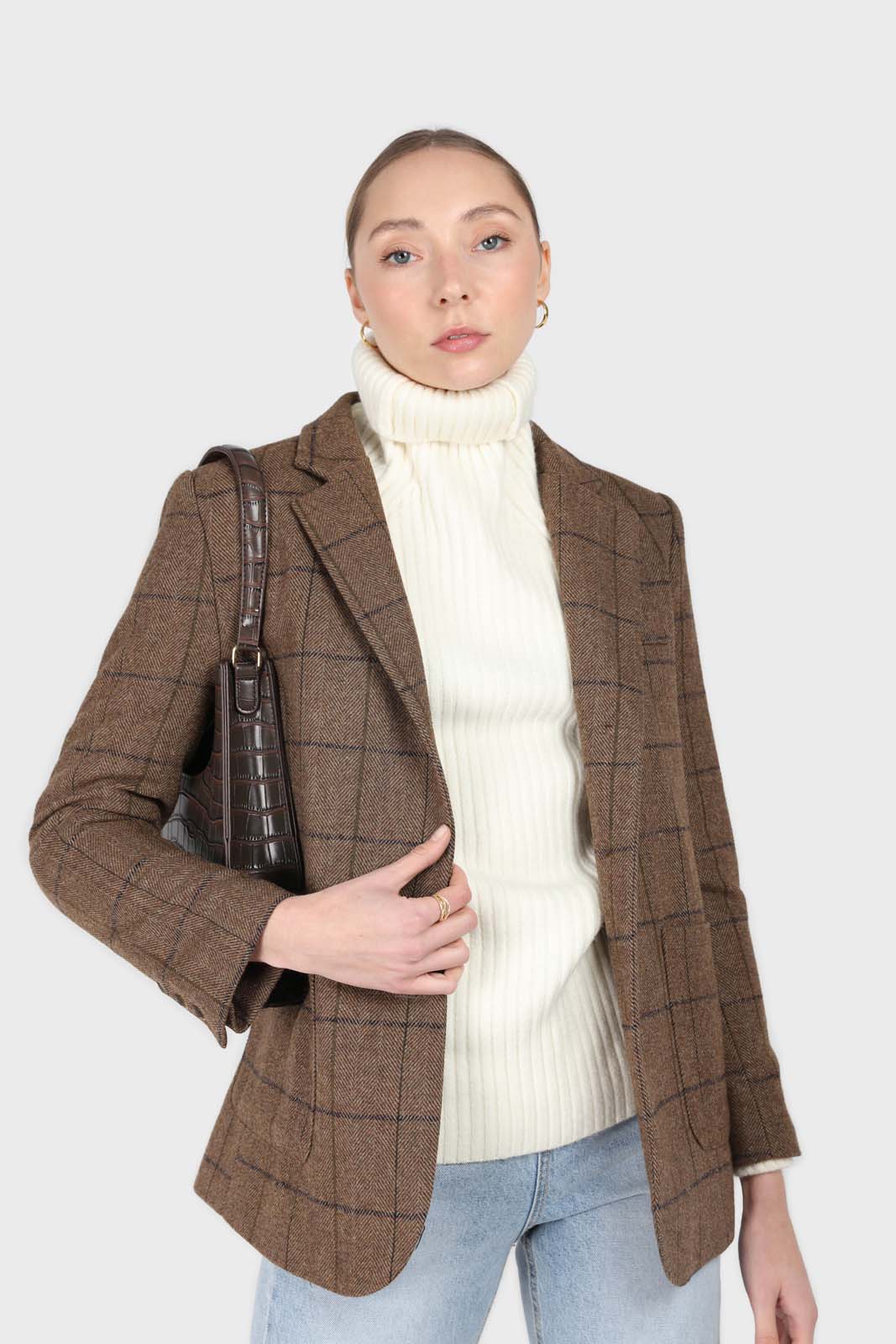 Beige checked wool blend patch pocket blazer_7