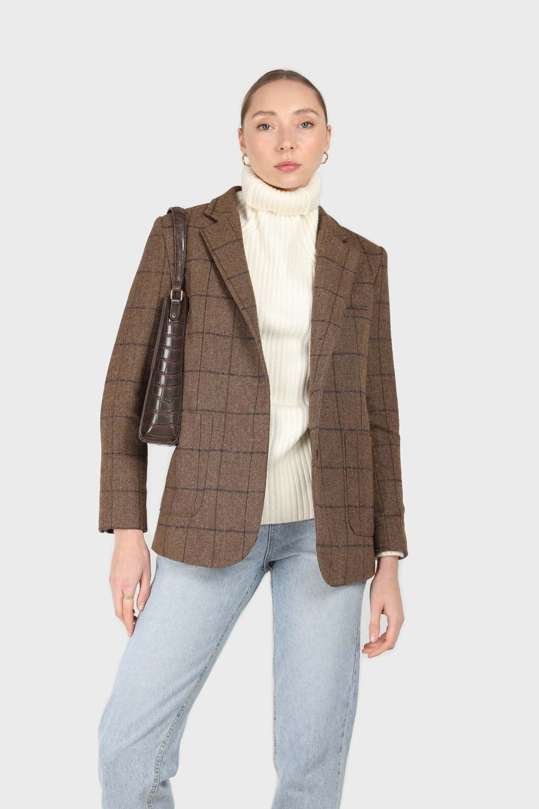 Beige checked wool blend patch pocket blazer_6